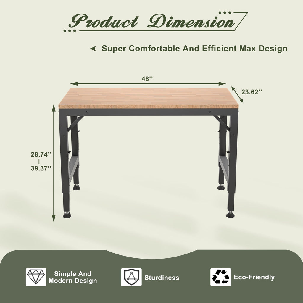 LZBEITEM 60 Adjustable Workbench for Garage, Rubber Wood Heavy Duty Workstation with Power Outlets, 2000 lbs Load Capacity Hardwood Worktable for Workshop, Garage, Office, Home, Commercial 23.62