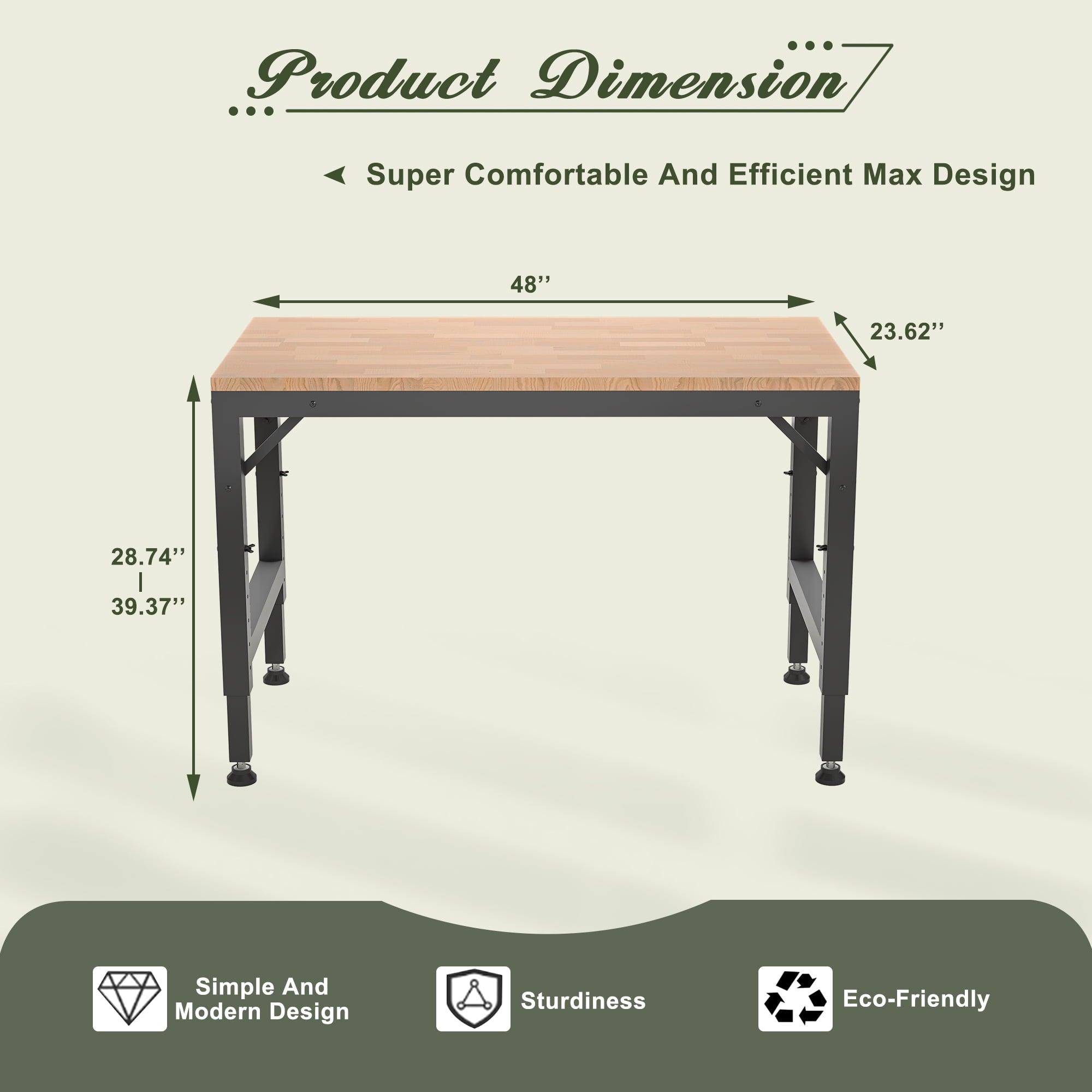 LZBEITEM 60 Adjustable Workbench for Garage, Rubber Wood Heavy Duty Workstation with Power Outlets, 2000 lbs Load Capacity Hardwood Worktable for Workshop, Garage, Office, Home, Commercial 23.62
