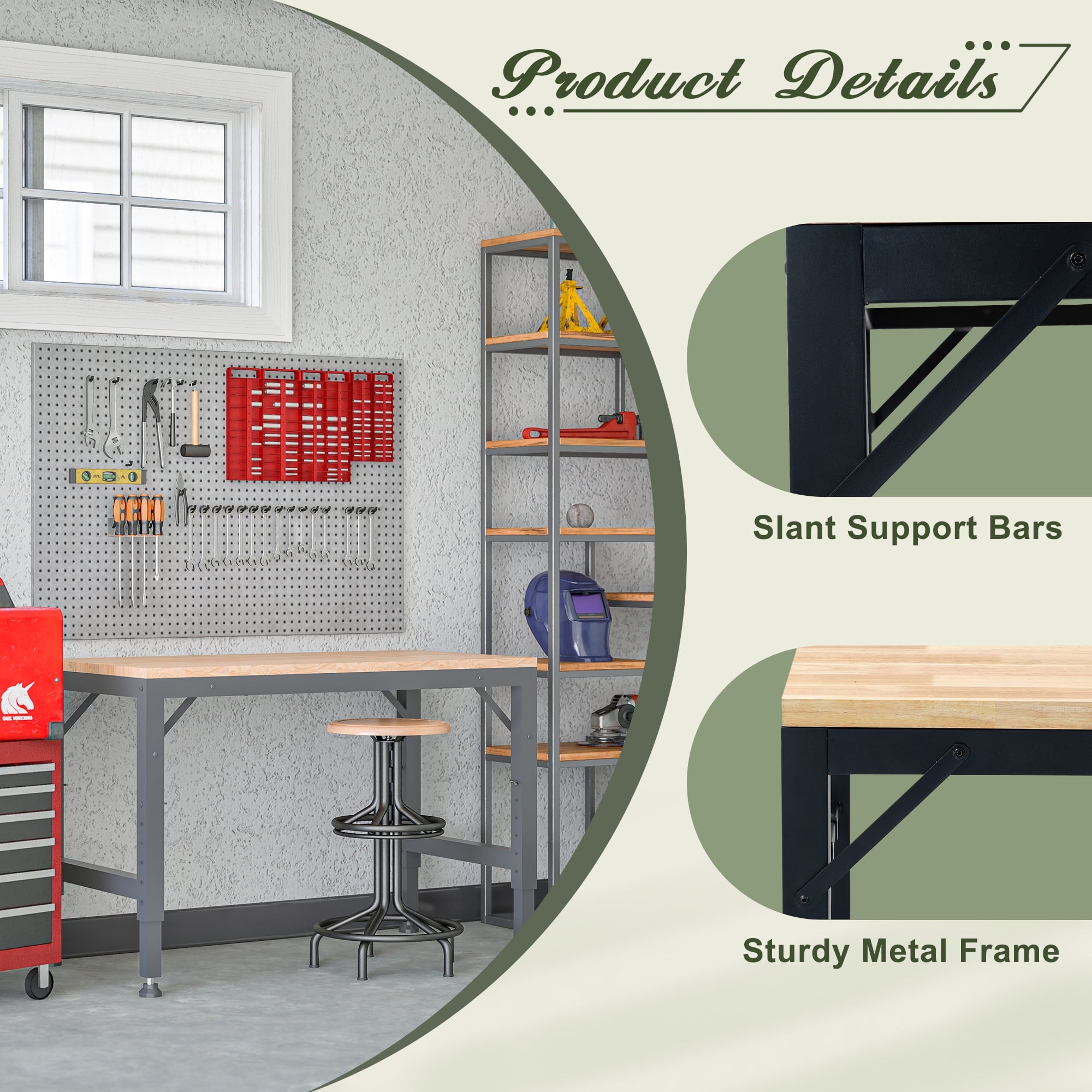 LZBEITEM 60 Adjustable Workbench for Garage, Rubber Wood Heavy Duty Workstation with Power Outlets, 2000 lbs Load Capacity Hardwood Worktable for Workshop, Garage, Office, Home, Commercial 23.62