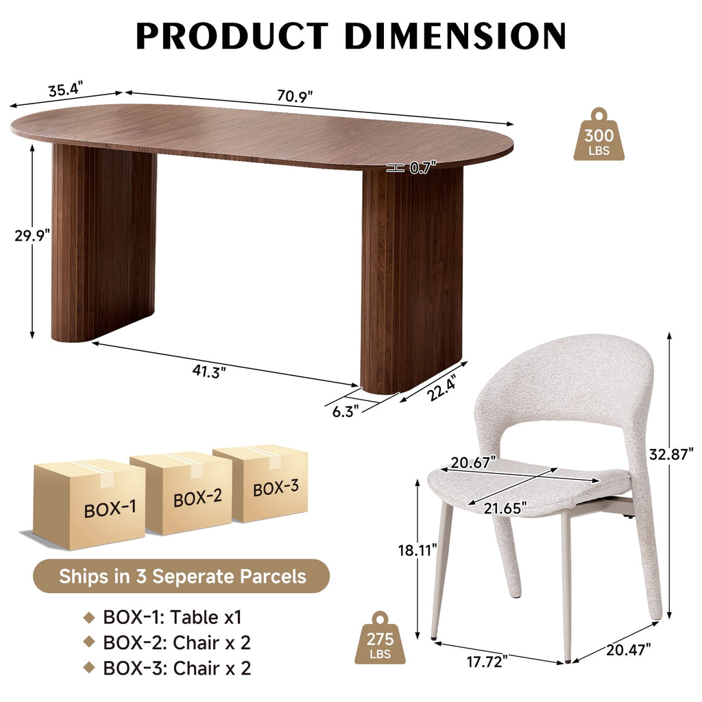 71 Natural Large Dining Table Set for 4 Modern Kitchen Table with Beige Boucle Upholstered Kitchen Chairs Set of 4