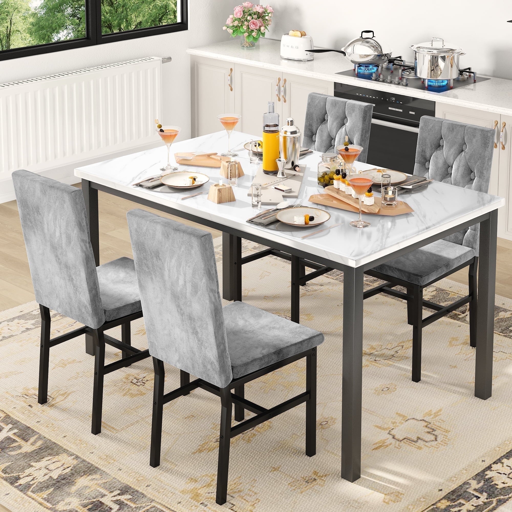 Baxluxe Dining Table Set for 4, Space Saving Rectangle Dining Table with 4 Velvet Dining Chairs, Faux Marble Kitchen Table and Chairs Set, Modern Dining Room Set for Kitchen, Pub, Beige+Gray