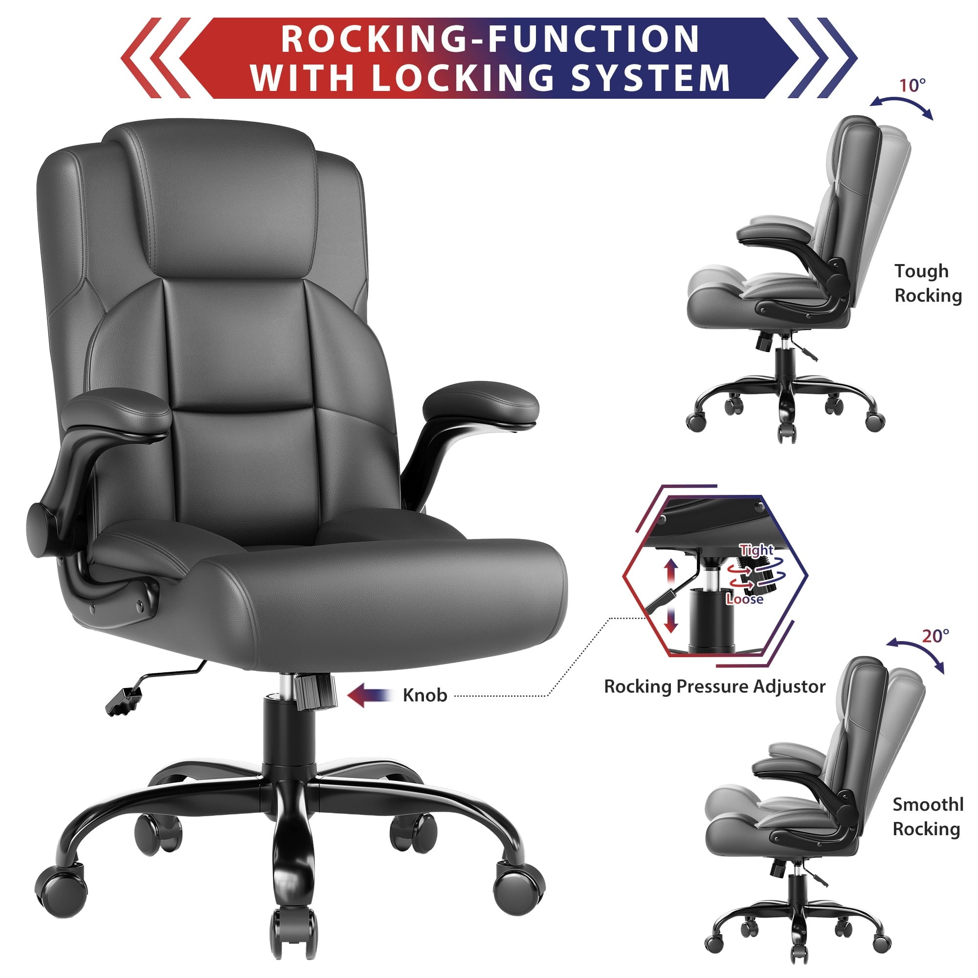 JONPONY Leather Office Chair, Big and Tall 500lbs Ergonomic Desk Chairs with Back Support, Executive Leather Chair with Wheels for Home Office, with Adjustable Padded Armrest & Lumbar Support , Black