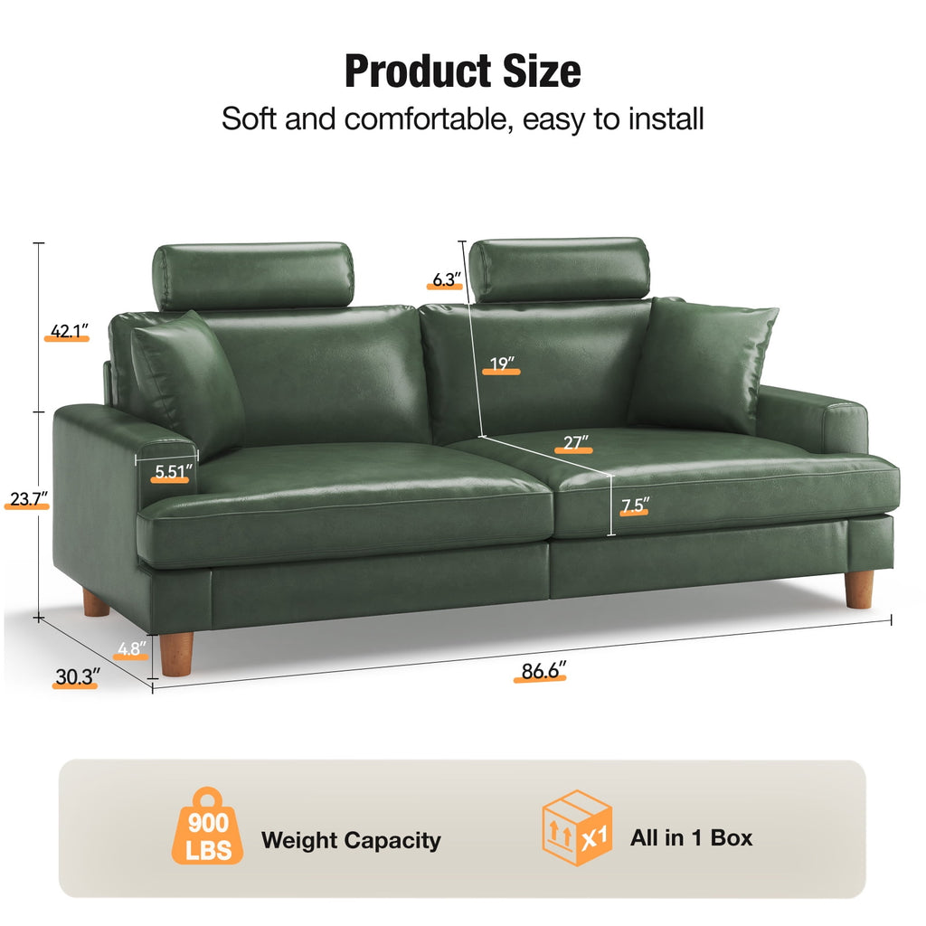 87 Sofa Premium PU Leather Couch with Headrest, Comfy 27 Extra Deep Seat 3 Seater Sofa for Living Room, Includes 2 Pillows, Black