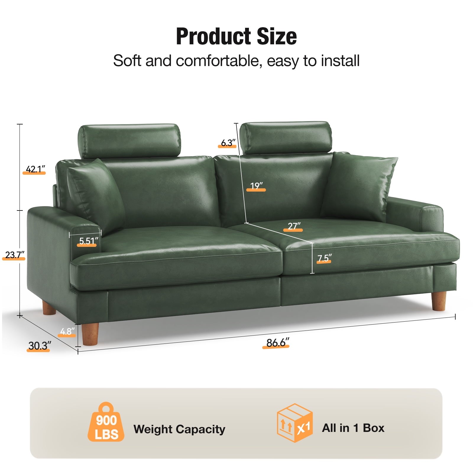 87 Sofa Premium PU Leather Couch with Headrest, Comfy 27 Extra Deep Seat 3 Seater Sofa for Living Room, Includes 2 Pillows, Black