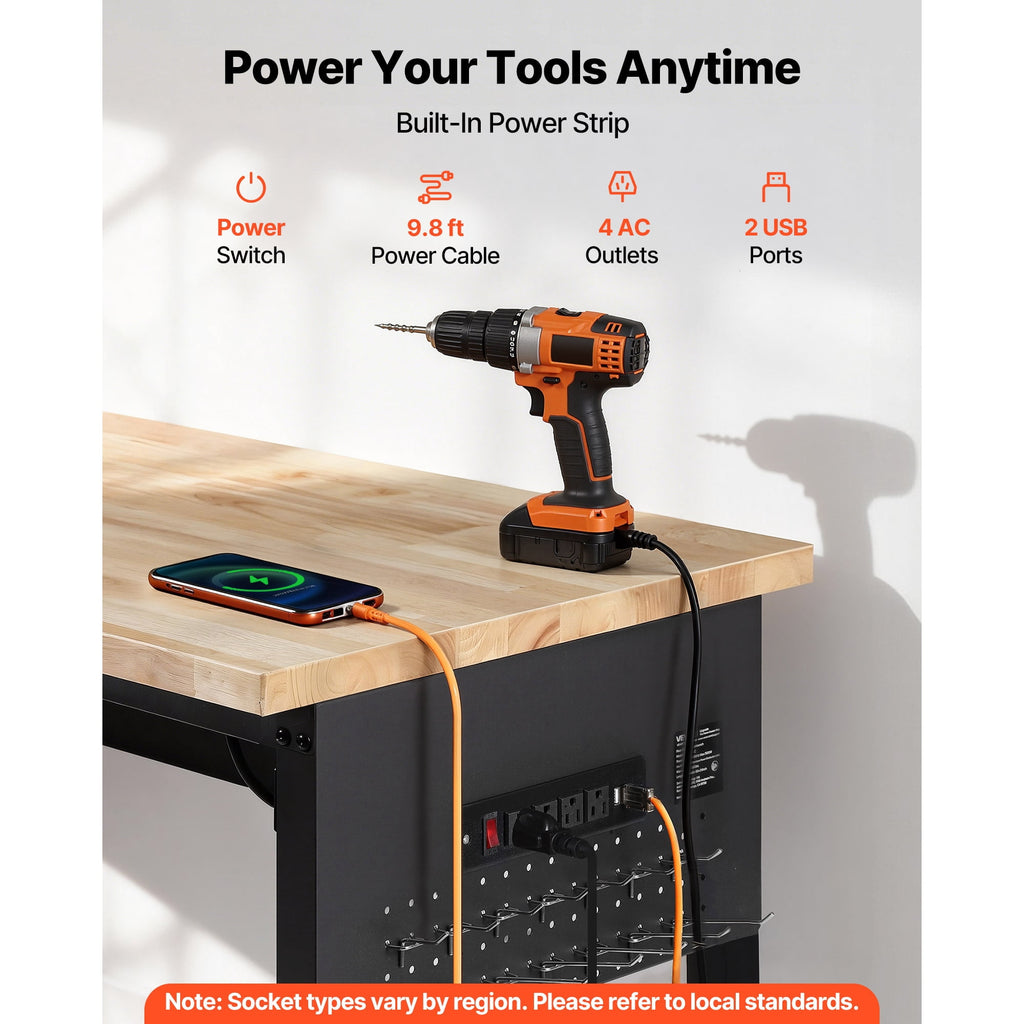 KFFKFF 60-inch Adjustable Workbench with Drawer, Power Outlet, Wheels, and Pegboard, Durable Oak Wood Top Work Table for Garage, Workshop, Office, and Home, Supports Up to 1500 lbs
