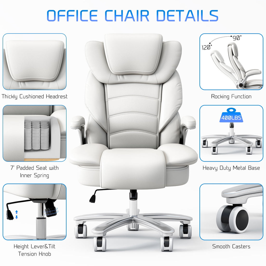Ninecer Big and Tall Office Chair 400lb Wide Seat, Ergonomic High Back Leather Executive Desk Chair, Computer Chair with Flip-up Arms, Black