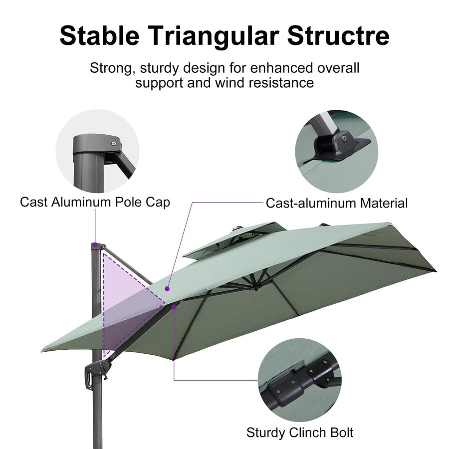 PURPLE LEAF Cantilever Umbrellas 12FT Square Large Patio Umbrella Offset Umbrella with 360°Rotation Tilting And Hanging Double Top, Grey