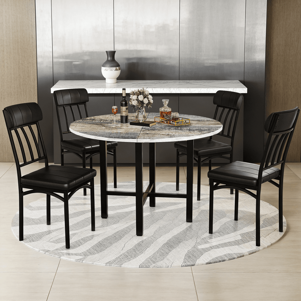 MIERES Round Dining Table Set for 4,Wood Round Kitchen Table and Chairs Set for 4,Modern Dining Room Table Set with 4 Faux Leather Chairs,Round Dinner Table for Small Space Gray