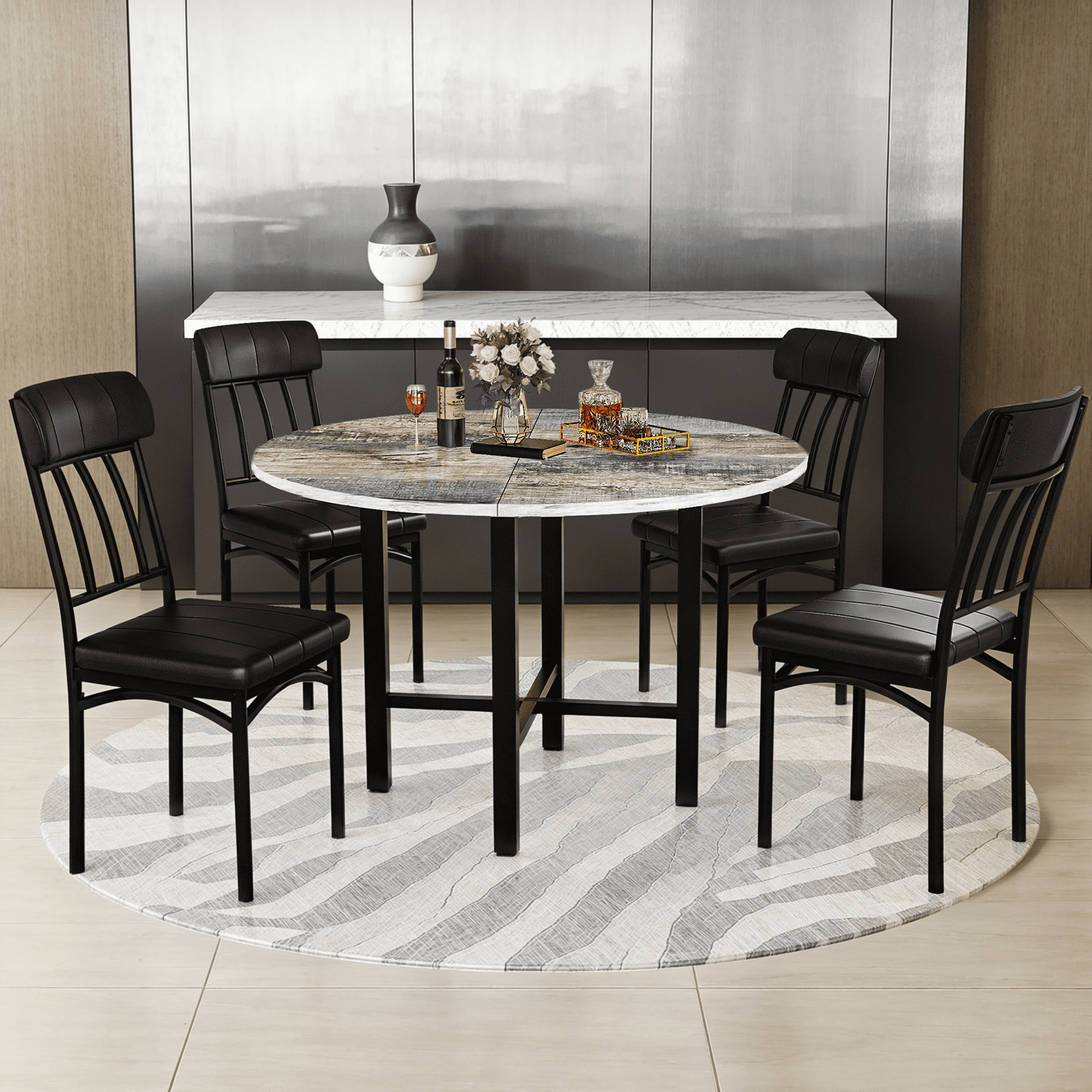 Lamerge Round Dining Table Set for 4,Wood Round Kitchen Table and Chairs Set for 4,Modern Dining Room Table Set with 4 Faux Leather Chairs,Round Dinner Table for Small Space,Brown