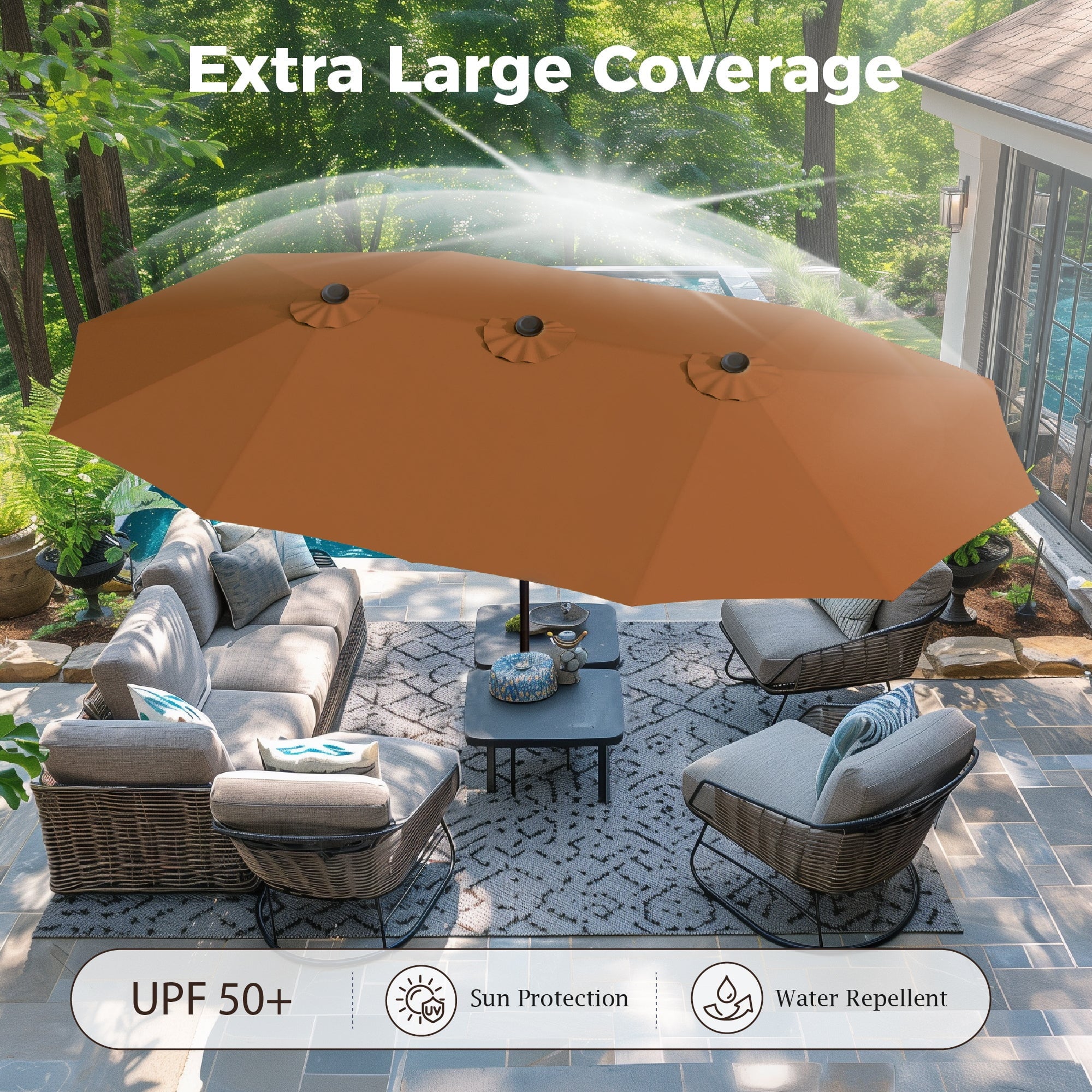 Alpha Joy 15ft Outdoor Patio Umbrella Extra-Large Double-Sided Garden Umbrella with Crank Handle and Base - Smoky Gray