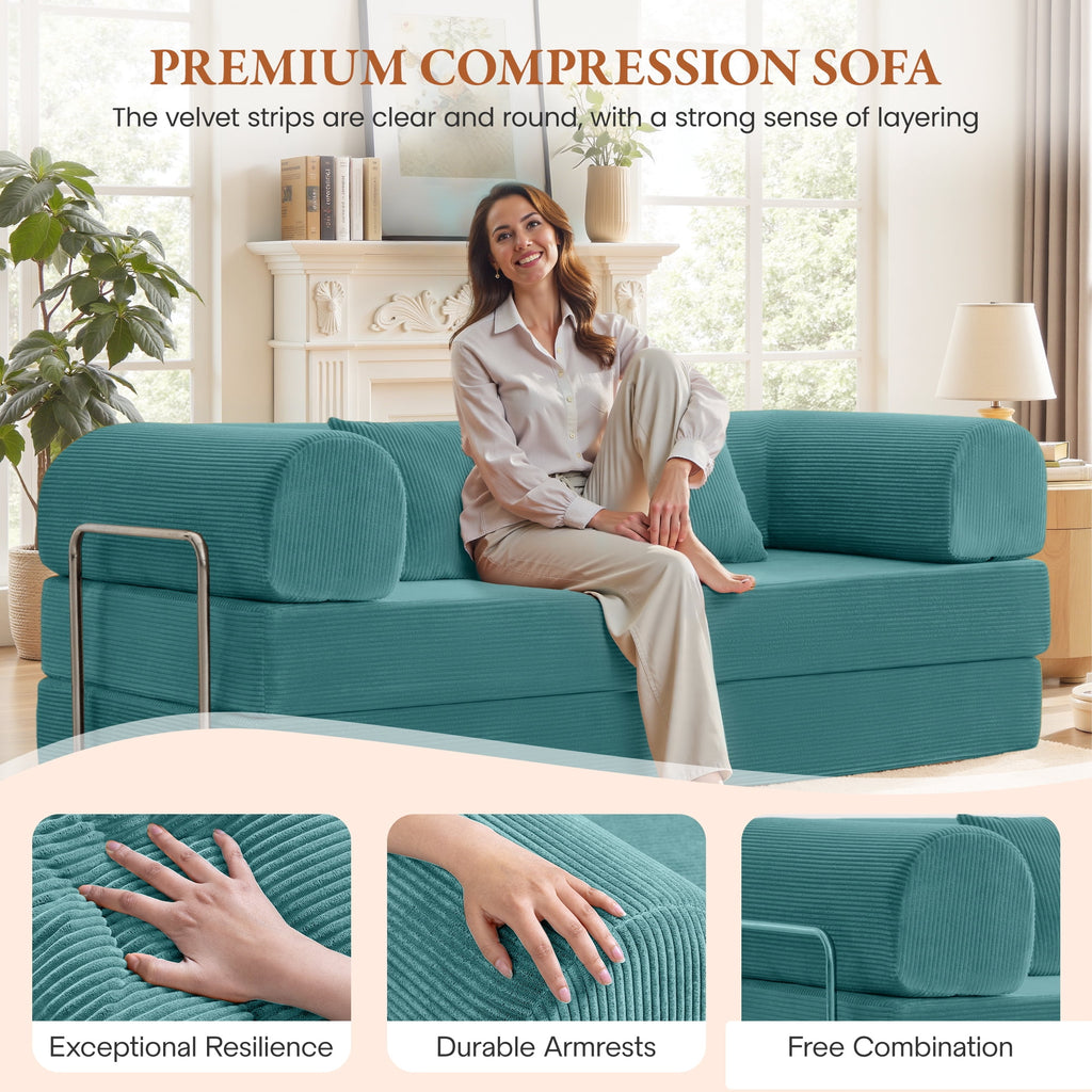 COOLHUT 63 W Combination Sofa, High Rebound Density Foam Sofa Couch, Two Forms Floor Couch Three Seats Sofa Bed for Living Room, Bedroom, Green