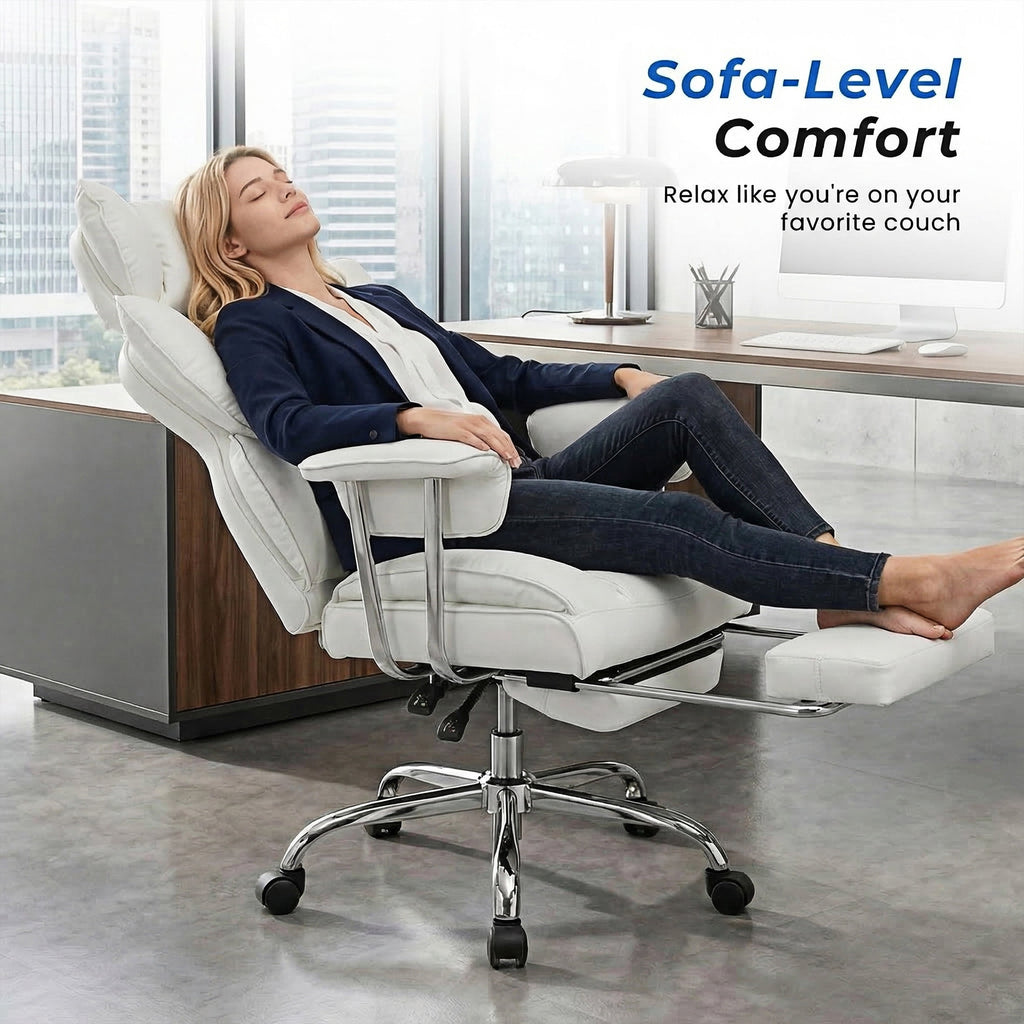 edx Executive Home Office Desk Chair, Ergonomic Big Tall High Back with Footrest & Lumbar Support, Reclining Comfy PU Leather Computer Gaming Chair with Swivel Wheels, Height Adjustable, Black