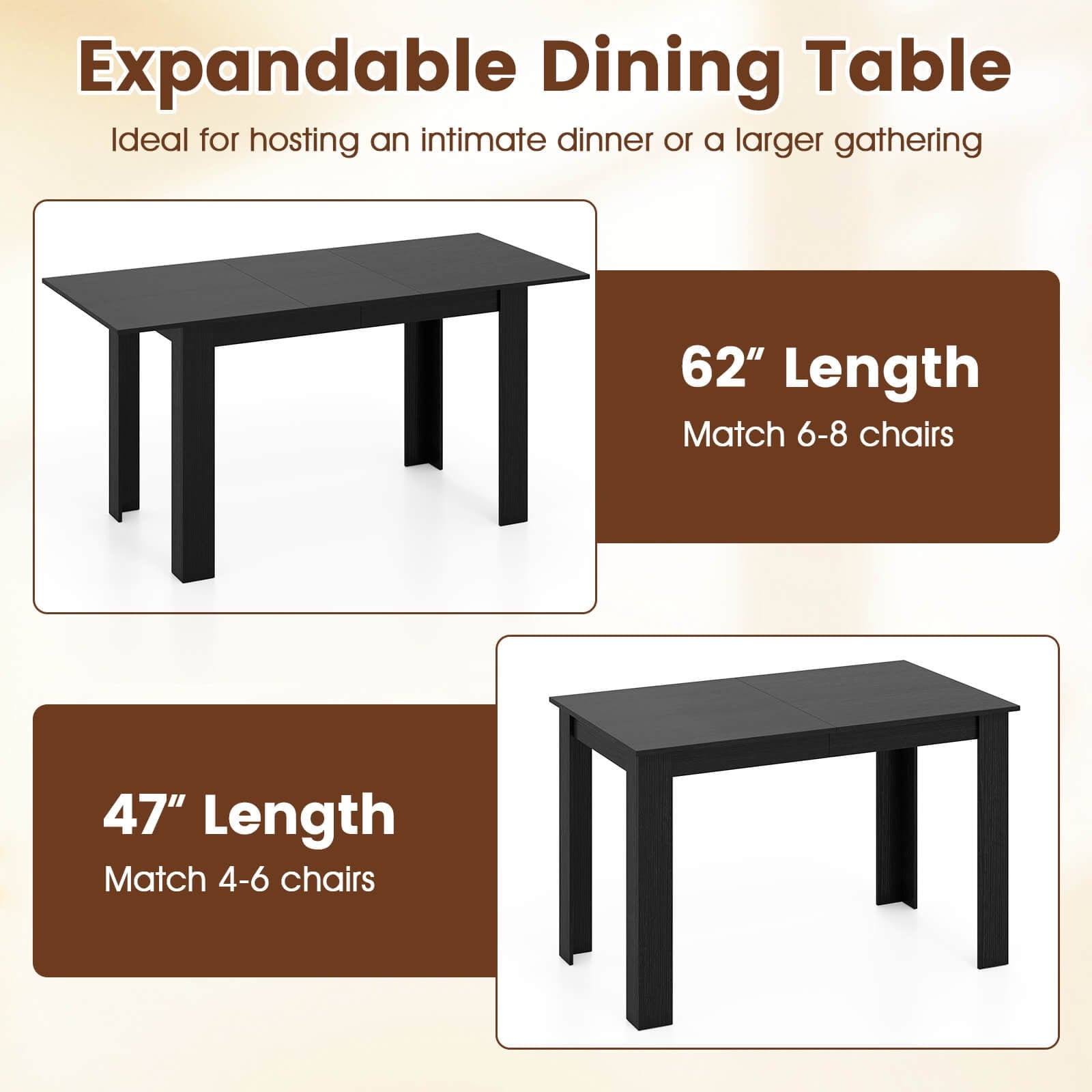 Costway 47”-62” Extendable Dining Table for 4-8 People for Dining Room Home Office Brown