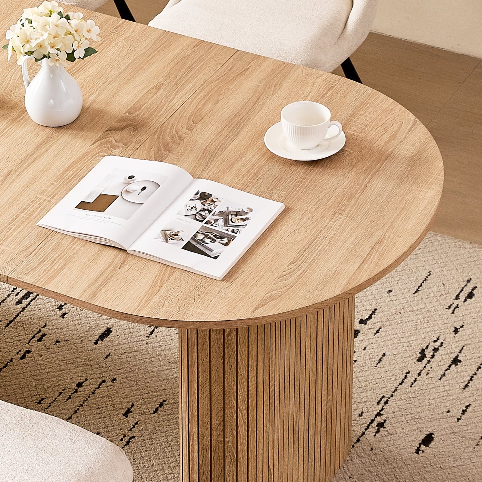 71 Natural Large Dining Table Set for 4 Modern Kitchen Table with Beige Boucle Upholstered Kitchen Chairs Set of 4