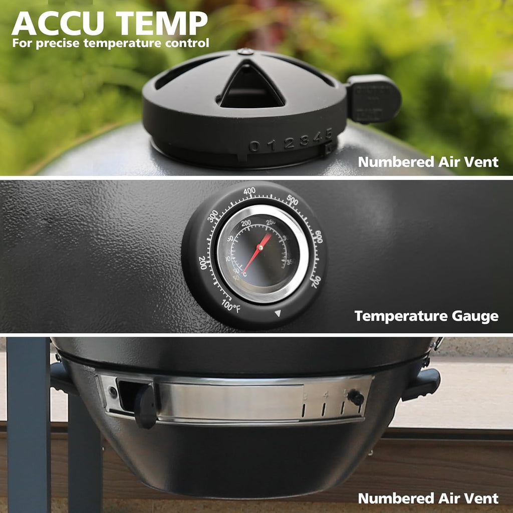 Brand Man 22 Kamado Charcoal Smoker Grill with Rolling Cart, Warming Rack, Pizza Stone & Vegetable Basket for Outdoor BBQ