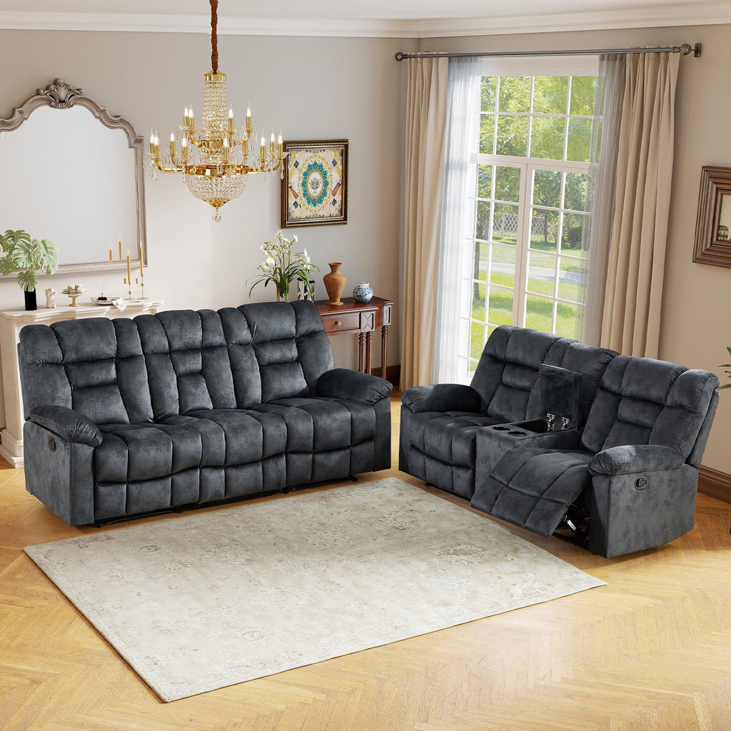Bonzy Home Brown Manual Recliner Sofa Set with Single Seat, Loveseat, Hidden Storage and Cup Holders