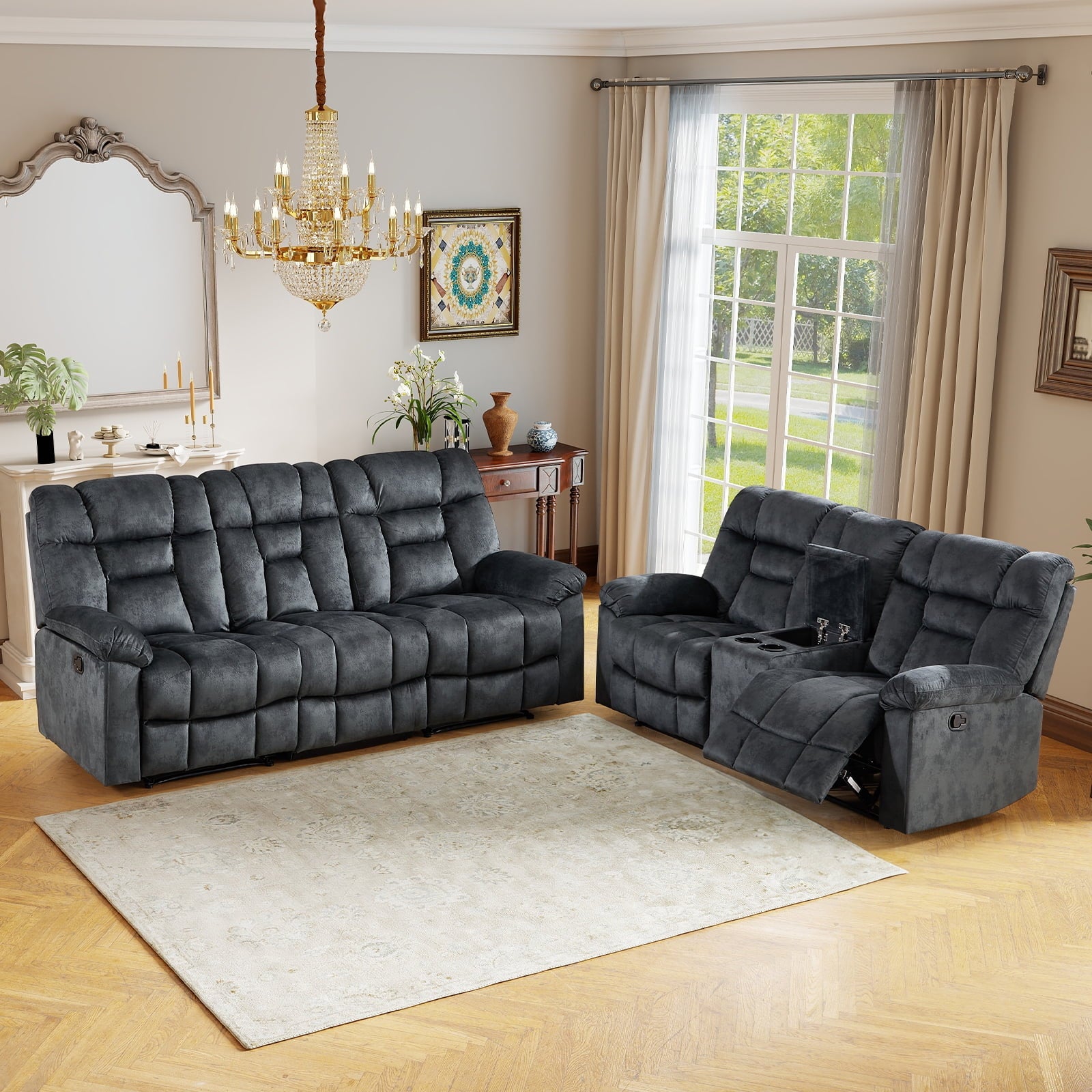Bonzy Home Brown Manual Recliner Sofa Set with Single Seat, Loveseat, Hidden Storage and Cup Holders