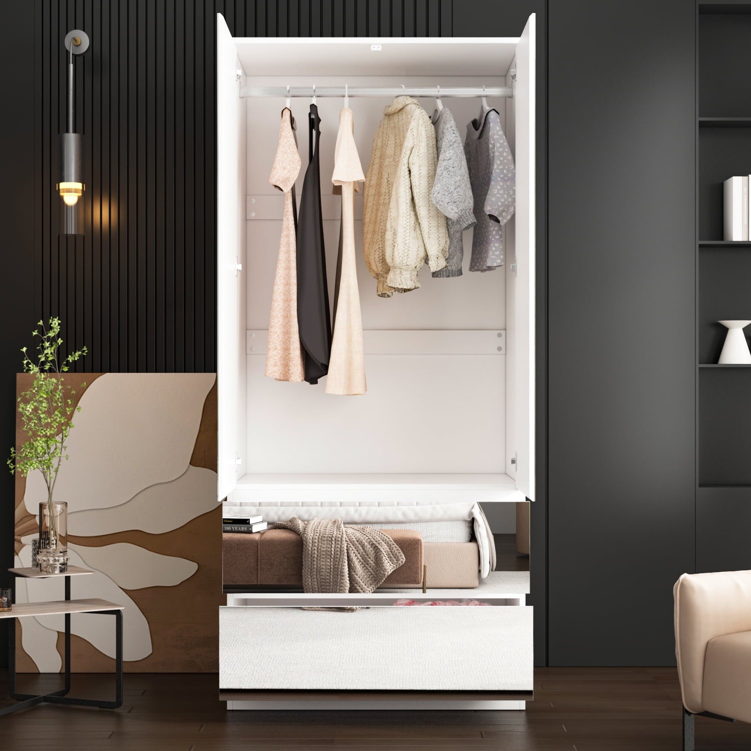 Wiawg 2 Door Wardrobe Armoire,Mirrored Closet Storage with Drawers and Shelves,White