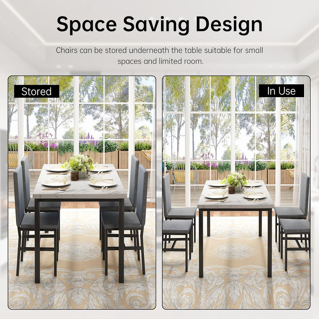 Cvortll 5 Piece Dining Table Set, Kitchen Table and Chairs Set for 4 with Faux Marble and 4 Velvet Upholstered Dining Chairs for Home, Restaurant, Black & Black