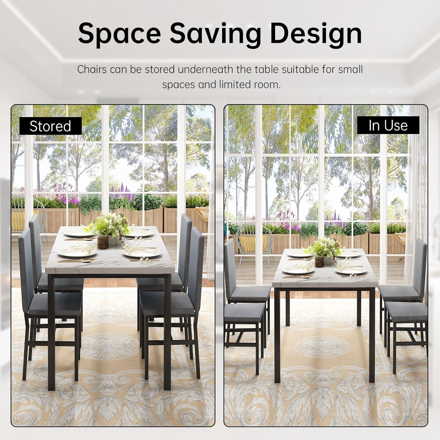 Cvortll 5 Piece Dining Table Set, Kitchen Table and Chairs Set for 4 with Faux Marble and 4 Velvet Upholstered Dining Chairs for Home, Restaurant, Black & Black