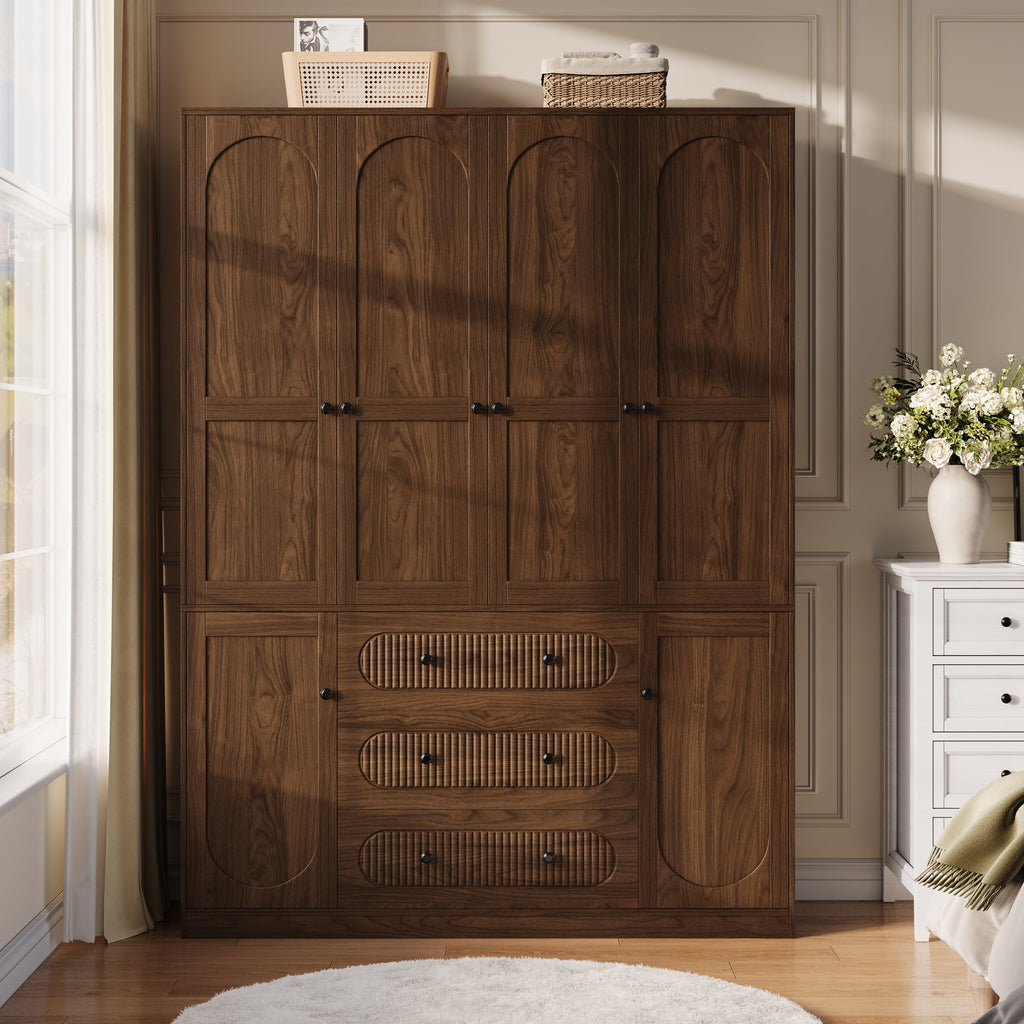 UGTOO 72H 4-Door Wardrobe Armoire with 3 Hanging Rods & 3 Drawers – Black Wooden Closet Storage Cabinet, Large Capacity Freestanding Clothes Organizer for Bedroom