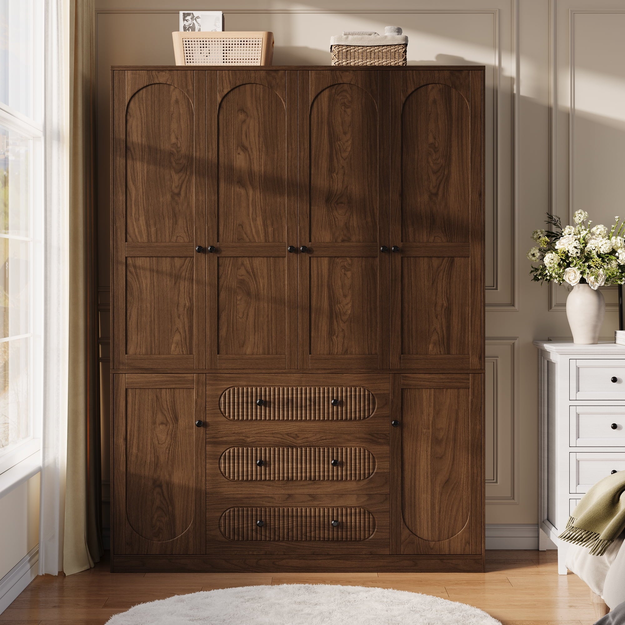 UGTOO 72H 4-Door Wardrobe Armoire with 3 Hanging Rods & 3 Drawers – Black Wooden Closet Storage Cabinet, Large Capacity Freestanding Clothes Organizer for Bedroom
