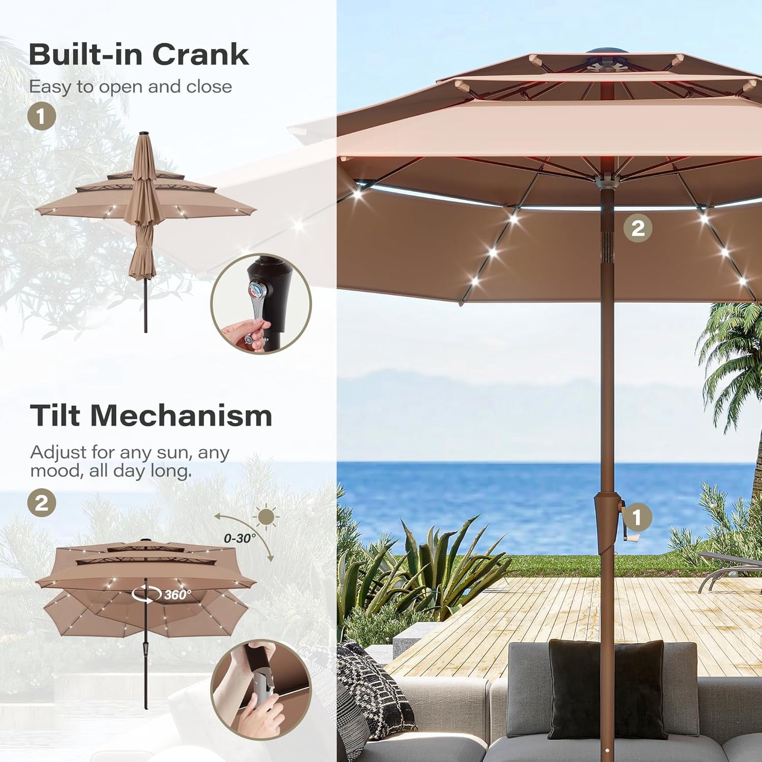 LAUSAINT HOME 10 Feet Patio Umbrella, Outdoor Large Cantilever Round Windproof Patio Offset Umbrella with 360° Rotation for Backyard, Gray