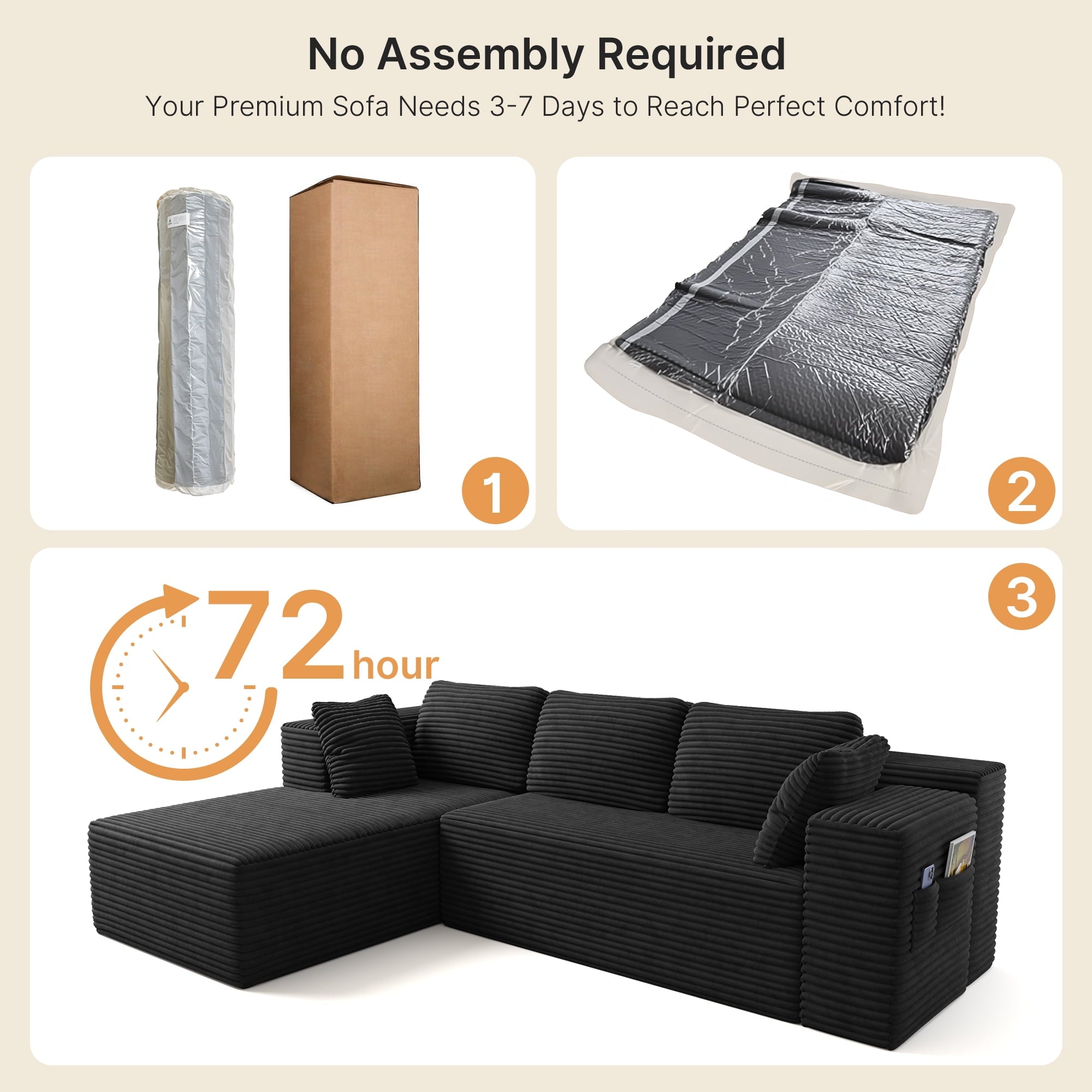 Sofa, Lofka 105 Free Assembly L-Shaped Sectional with Pet Friendly Corduroy Fabric, Black for Living Room/Apartment