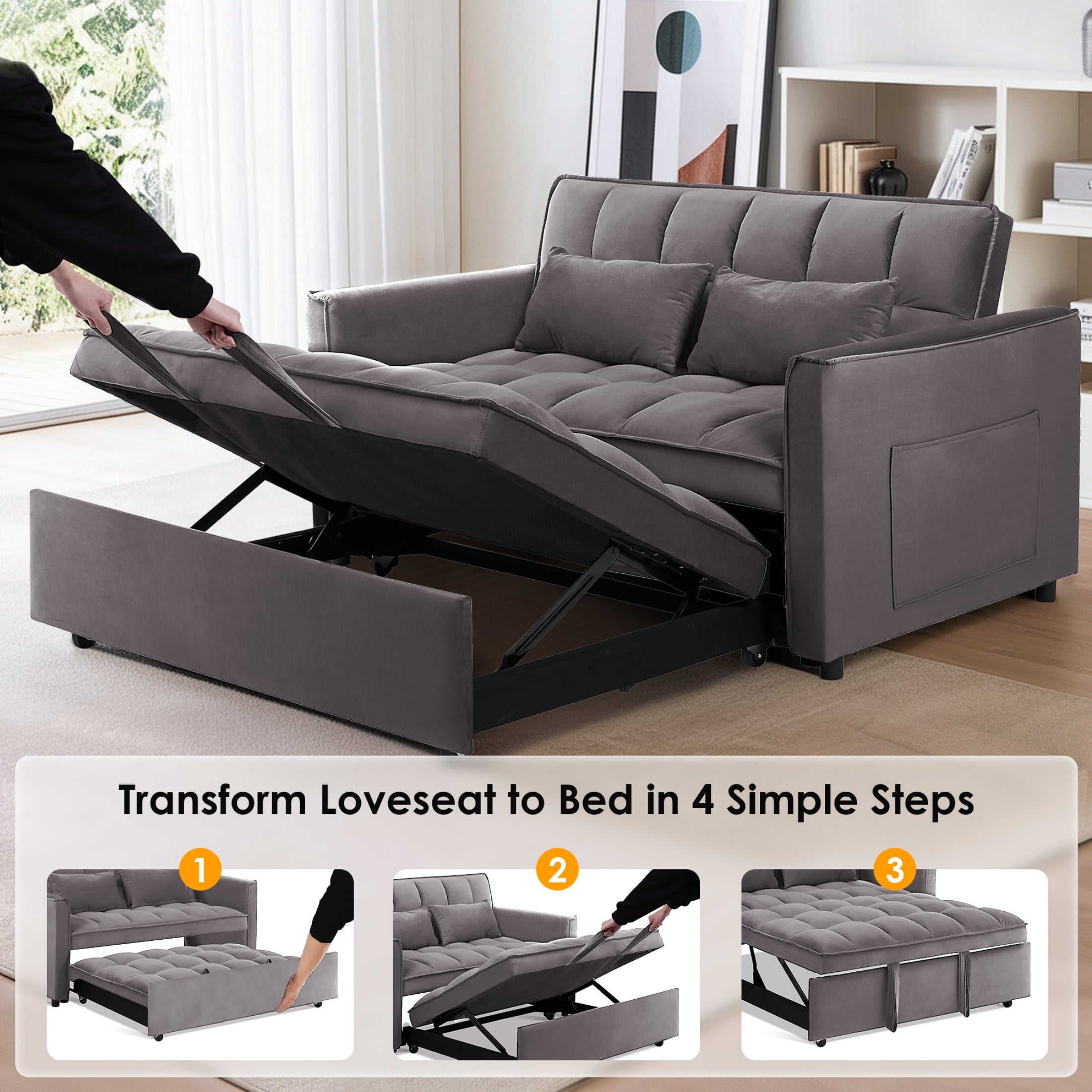 Anpport 3-in-1 Convertible Sleeper Sofa Bed, Pull-Out Loveseat Couch with Adjustable Back for Small Spaces, Velvet Fabric, 55, Dark Gray
