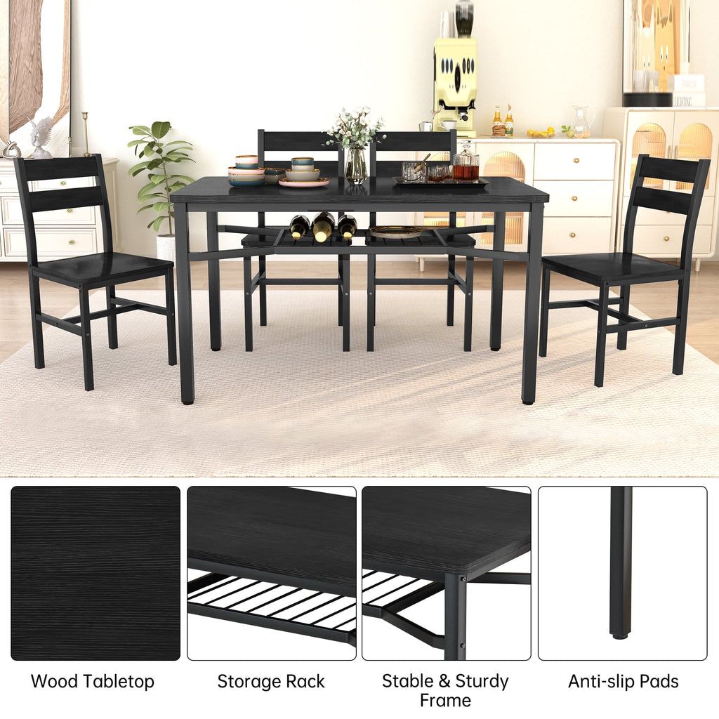 Baxluxe 4-person dining table set, farmhouse-style wooden kitchen dining table and chair set, farmhouse 5-piece dining table set with storage rack, small kitchen dining table set,Black
