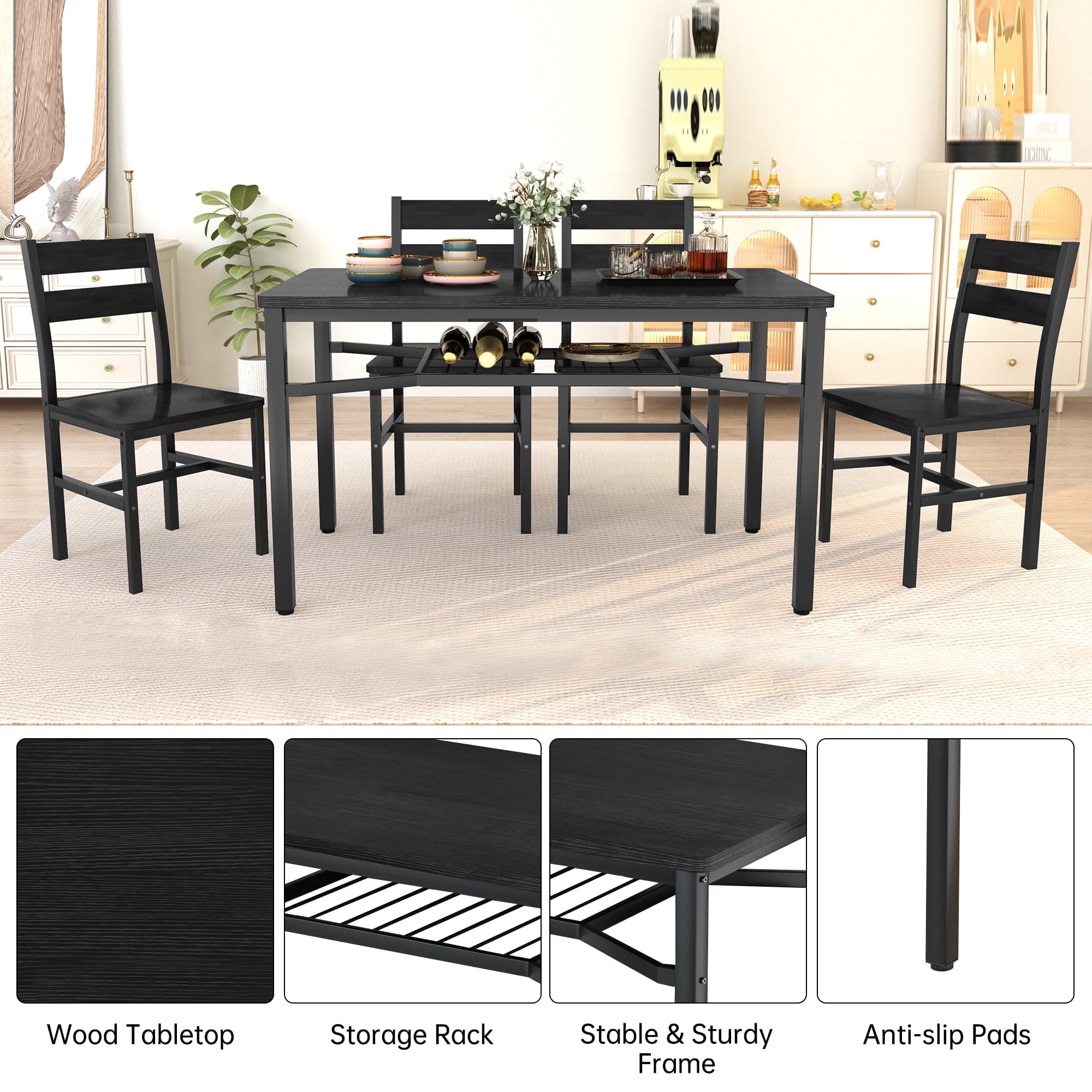 Baxluxe 4-person dining table set, farmhouse-style wooden kitchen dining table and chair set, farmhouse 5-piece dining table set with storage rack, small kitchen dining table set,Black