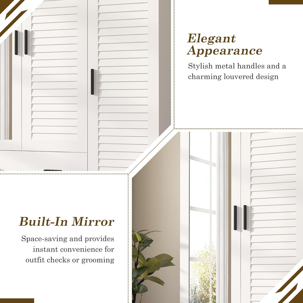 Blotout 70 Armoire Wardrobe Closet with Mirror & LED Lights, LED White Louver Door Wardrobe Armoire with 3 Drawers & Hanging Rods, Large 3 Doors Armoire Storage with Multi-Layer Shelves