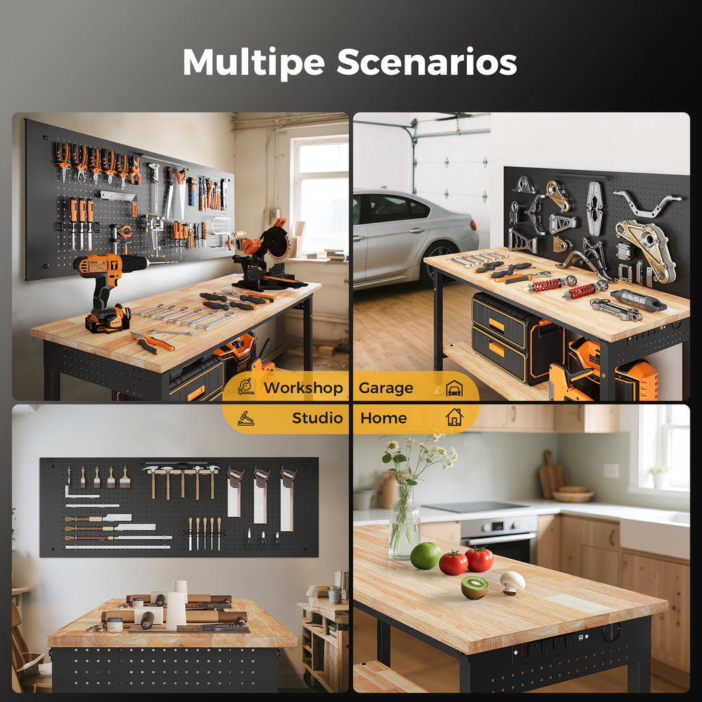 CAMMOO 48 Multifunctional Heavy Duty Workbench for Garage with Pegboard, 2000LBS Load,Adjustable Height Worktable,Storage Shelf,LED Light, Built-in Power Strip