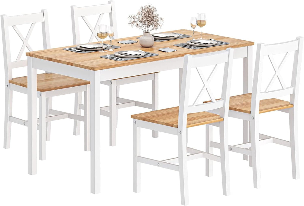 Soges 4-Person Dining Table Set 5 Pieces, Wood Kitchen Table Set with 4 Chairs for Kitchen Dining Room Restaurant, White&Oak