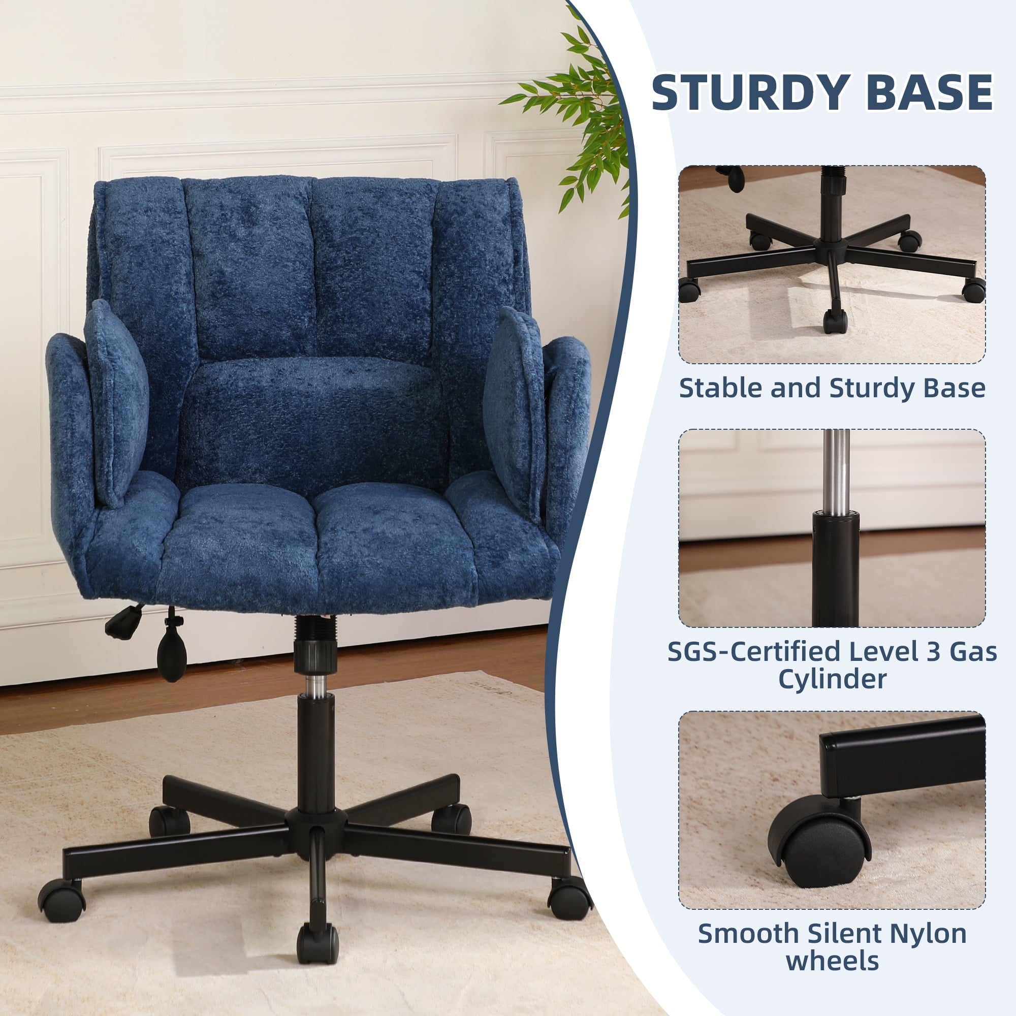 Cross Legged Office Chair with Wheels & Dynamic Airbag Lumbar Support, Criss Cross Wide Seat, 5-Position Fold-Down Armrests, Swivel Vanity Chair for Home Office, Dark Green