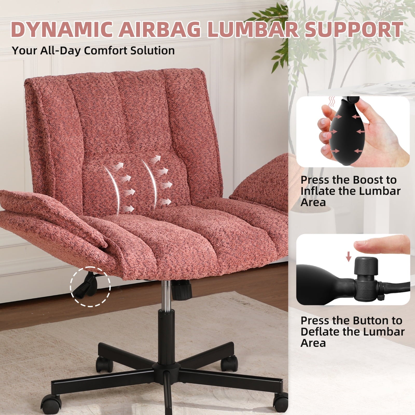 Cross Legged Office Chair with Wheels & Dynamic Airbag Lumbar Support, Criss Cross Wide Seat, 5-Position Fold-Down Armrests, Swivel Vanity Chair for Home Office, Dark Green