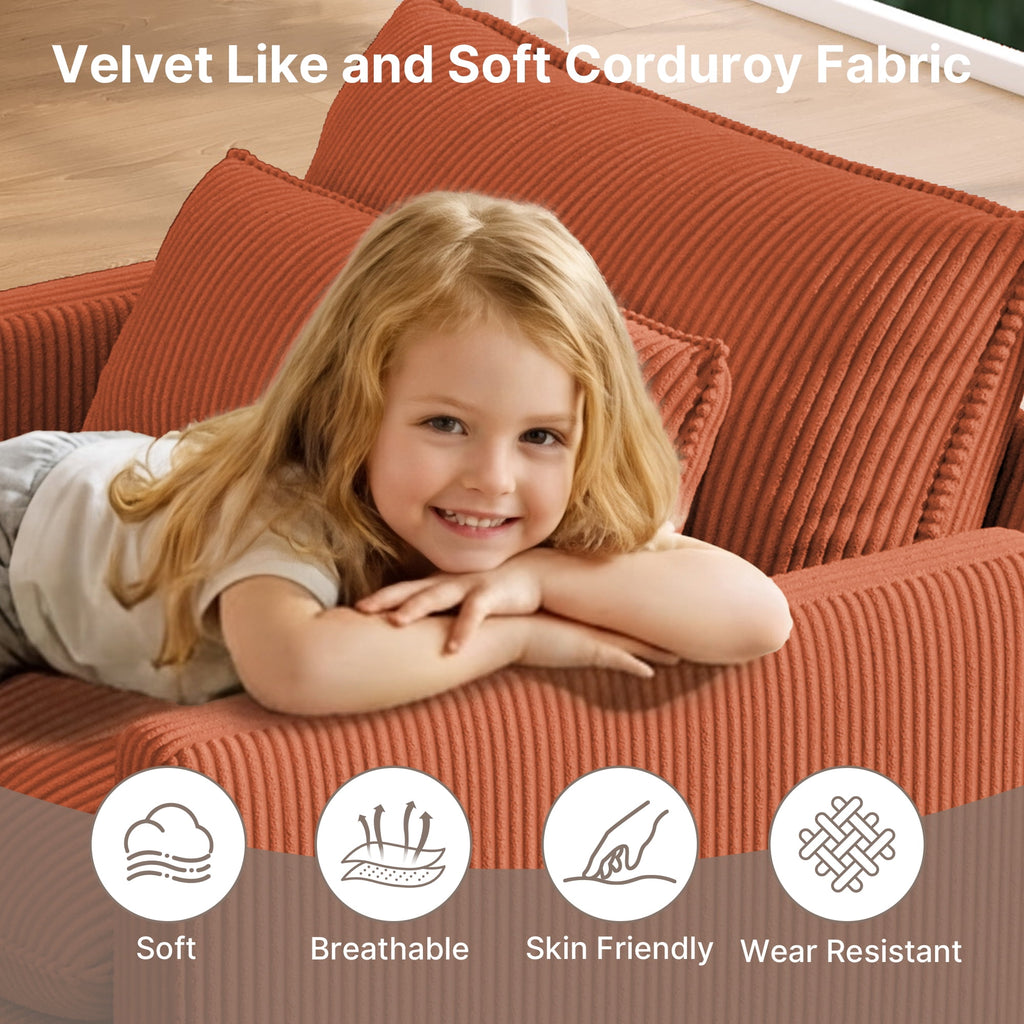 110'' Oversized L Shaped Couch for Living Room, Cloud Couches with Washable Corduroy Cover, Modern 4-Seater Comfy Deep-Seat Sofa with Movable Ottoman and 2 Throw Pillows for Apartment, Gray