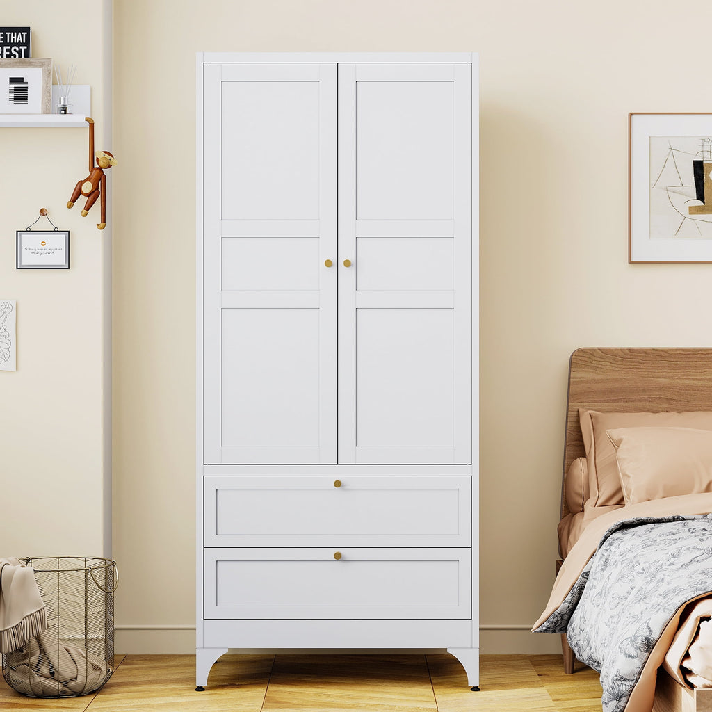 STANI Metal Wardrobe Closet with Hanging Rod, 72 White Armoire Wardrobe Cabinet with Adjustable Shelves, Clothes Storage Organizer Cabinets for Bedroom, Bathroom, Office