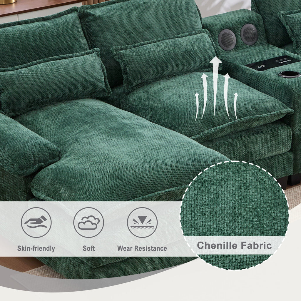 Villeston 126.77 U-Shaped Cloud Sofa With Chaise Lounge, Chenille Sofa With Wireless Charging, Bluetooth Speaker, Two Cup Holders, Storage Drawer, Suitable For Living Room,Gray