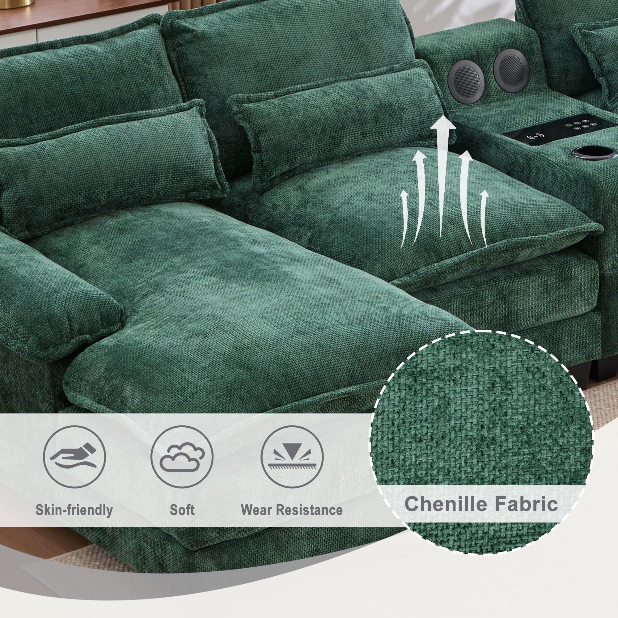 Villeston 126.77 U-Shaped Cloud Sofa With Chaise Lounge, Chenille Sofa With Wireless Charging, Bluetooth Speaker, Two Cup Holders, Storage Drawer, Suitable For Living Room,Gray