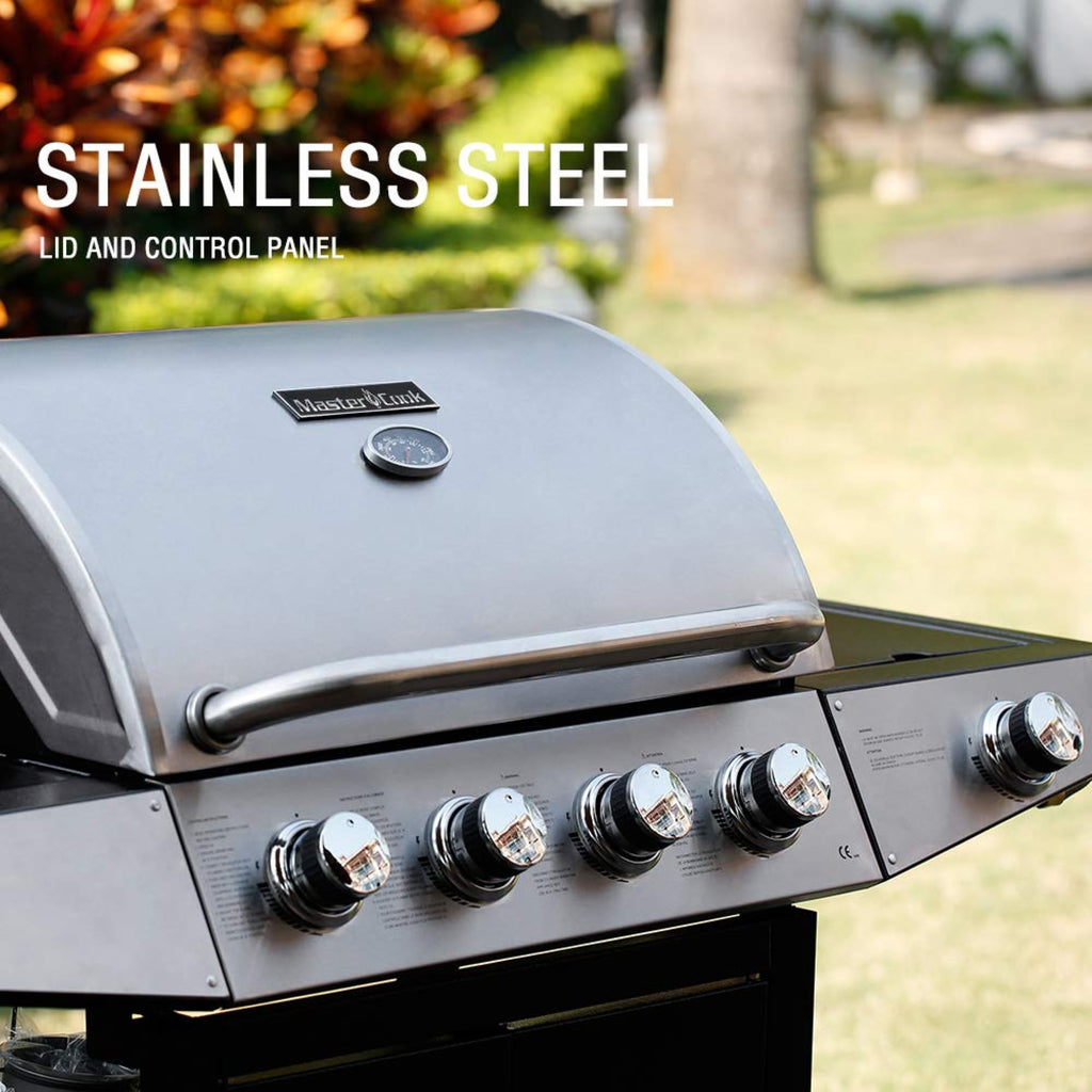 MASTER COOK 4+1 Burners Propane Gas Grill, 52,000 BTU Cabinet BBQ Grill with Side Stove, 518 Sqin Cooking Area, Stainless Steel