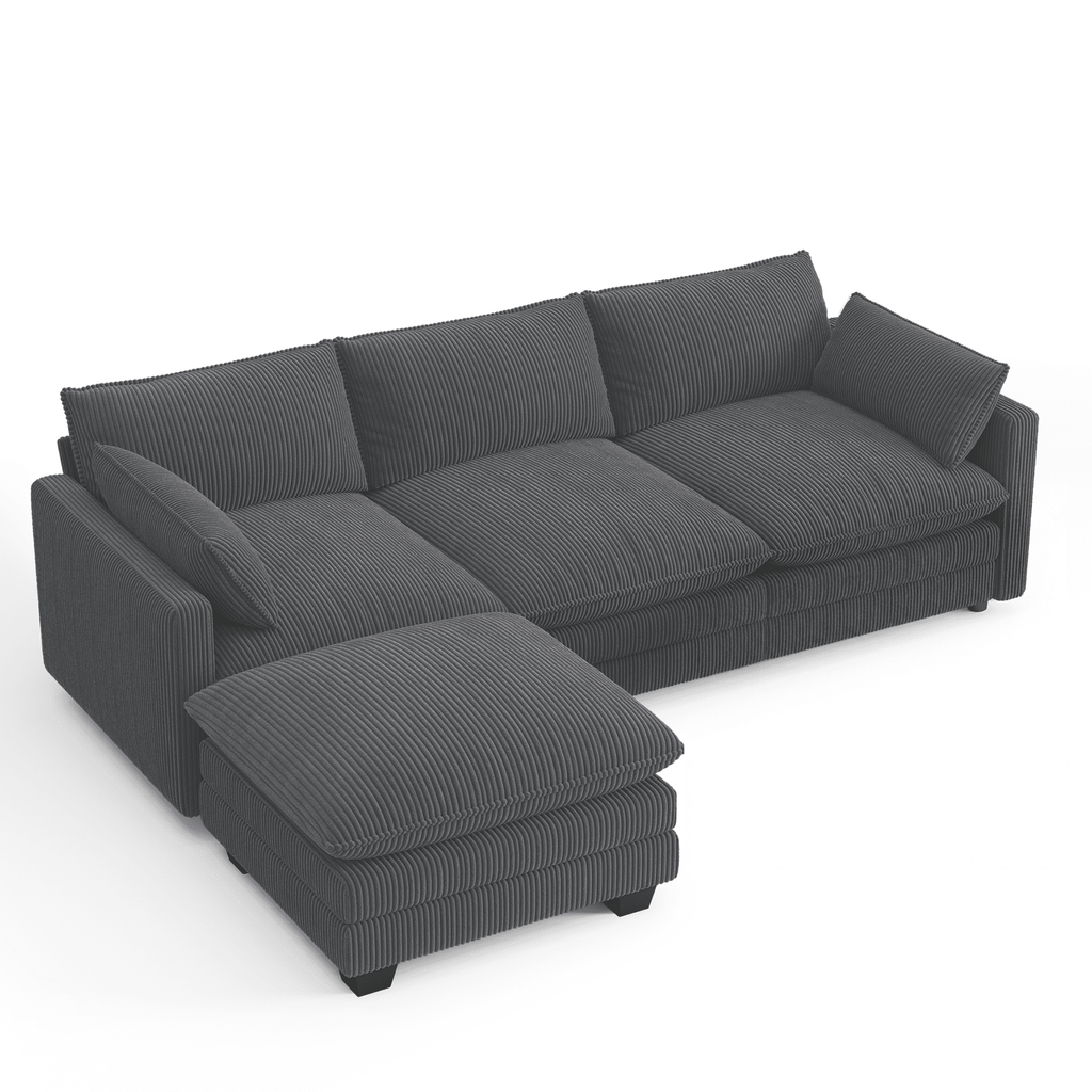 110'' Oversized L Shaped Couch for Living Room, Cloud Couches with Washable Corduroy Cover, Modern 4-Seater Comfy Deep-Seat Sofa with Movable Ottoman and 2 Throw Pillows for Apartment, Gray