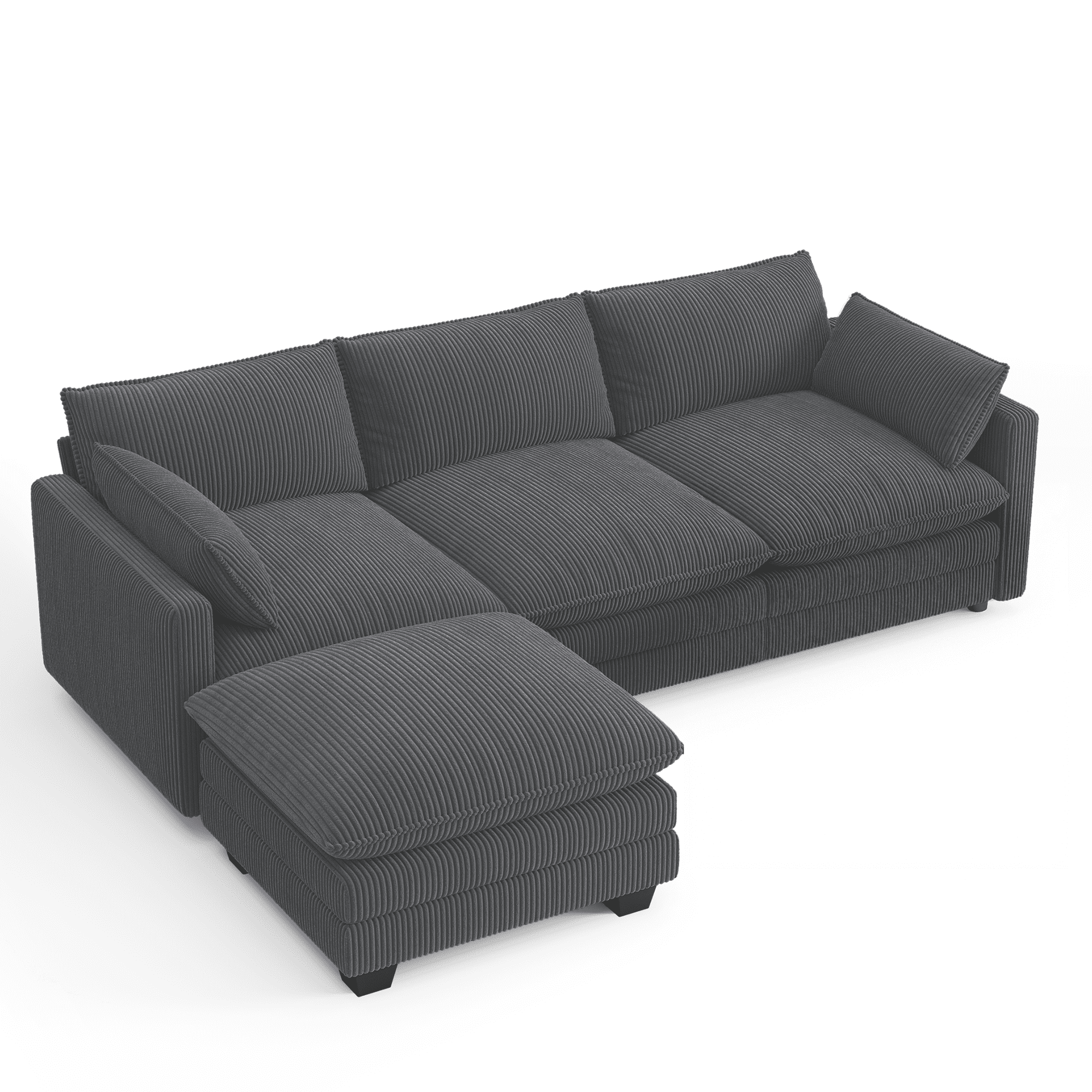 110'' Oversized L Shaped Couch for Living Room, Cloud Couches with Washable Corduroy Cover, Modern 4-Seater Comfy Deep-Seat Sofa with Movable Ottoman and 2 Throw Pillows for Apartment, Gray