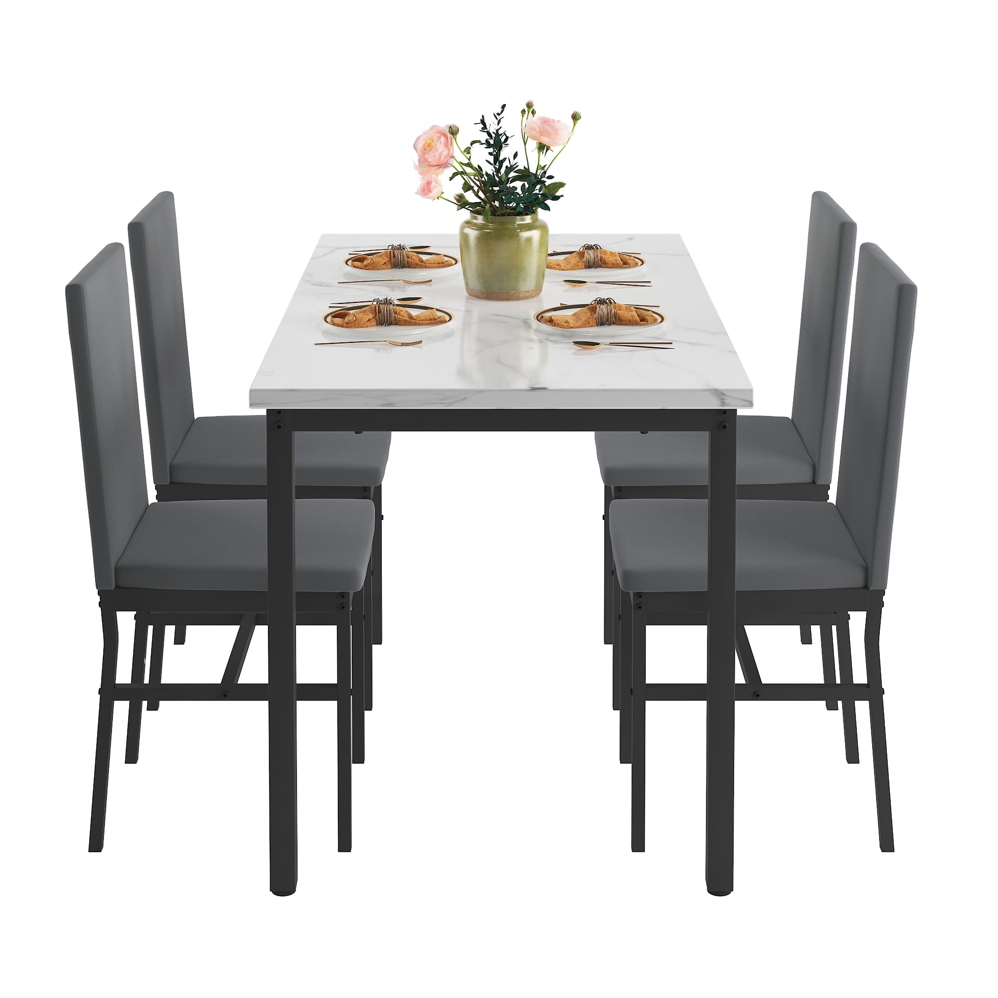 SYNGAR 5 Piece Dining Set, Modern Dining Table and Chairs Set for 4, Kitchen Dining Table Set with Faux Marble Tabletop & 4 Upholstered Chairs, for Small Space, Breakfast Nook, D9224