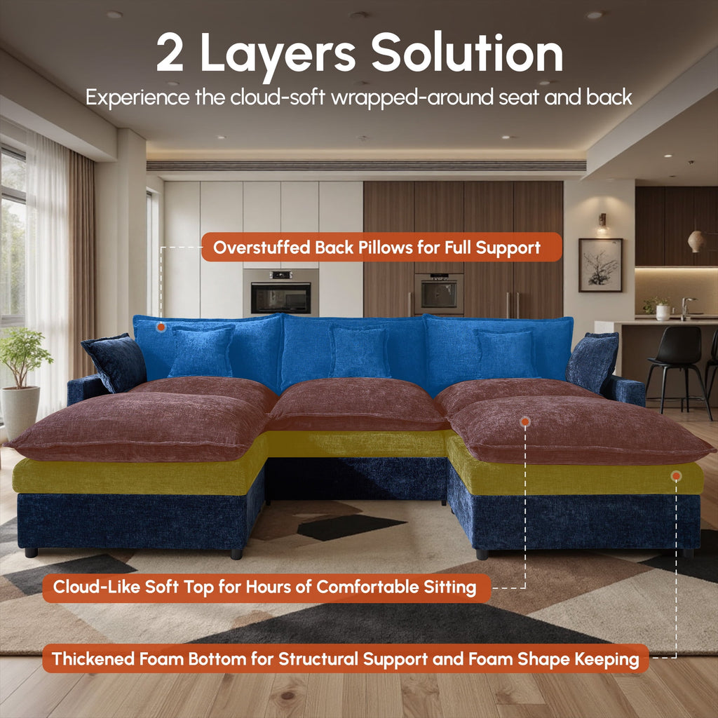 Ovios 108 Modular Sectional Sofa U-Shaped Cloud Couch with 2 Ottomans, Comfy Living Room Furniture, Chenille, Dark Blue