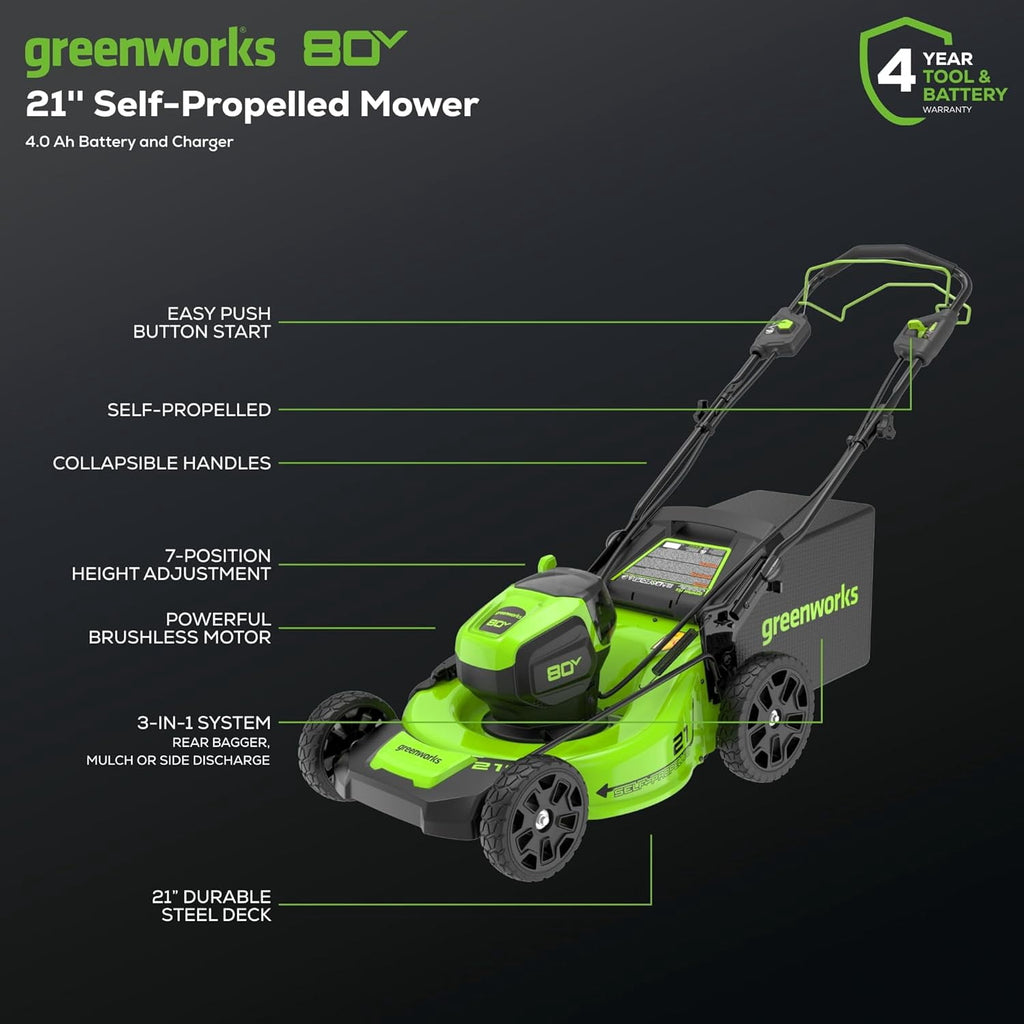 Greenworks Pro 80V 21-Inch Brushless Self-Propelled Lawn Mower, 4Ah Battery Included MO80L410