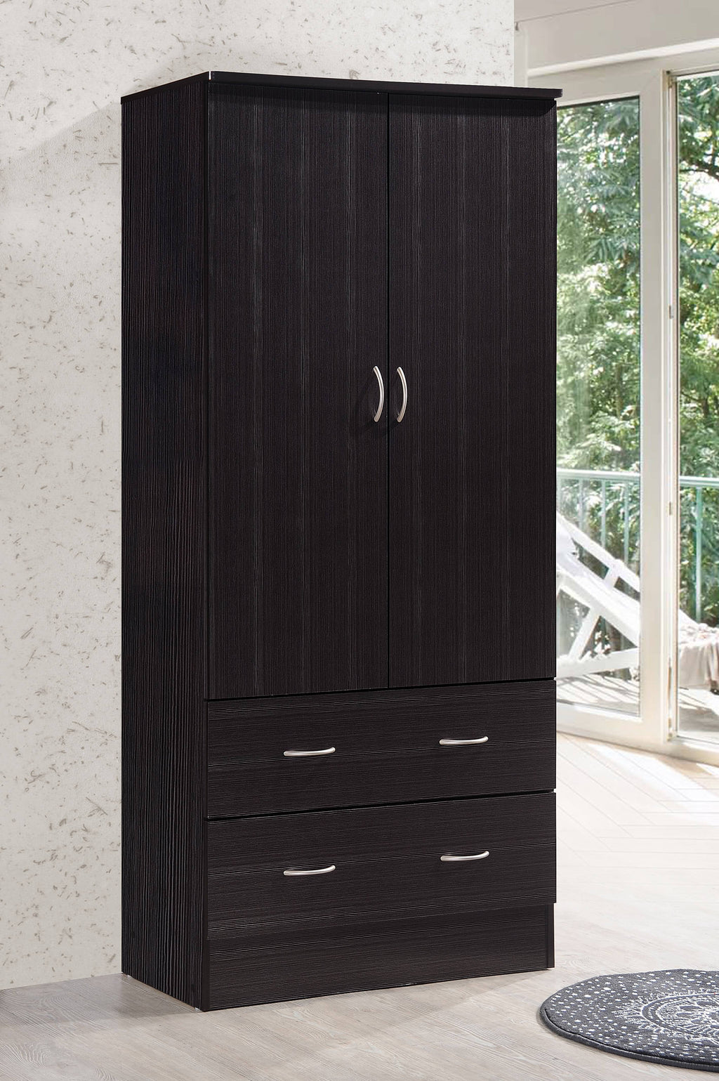 Hodedah 2-Door Armoire with 2-Drawers and Clothing Rod in Black