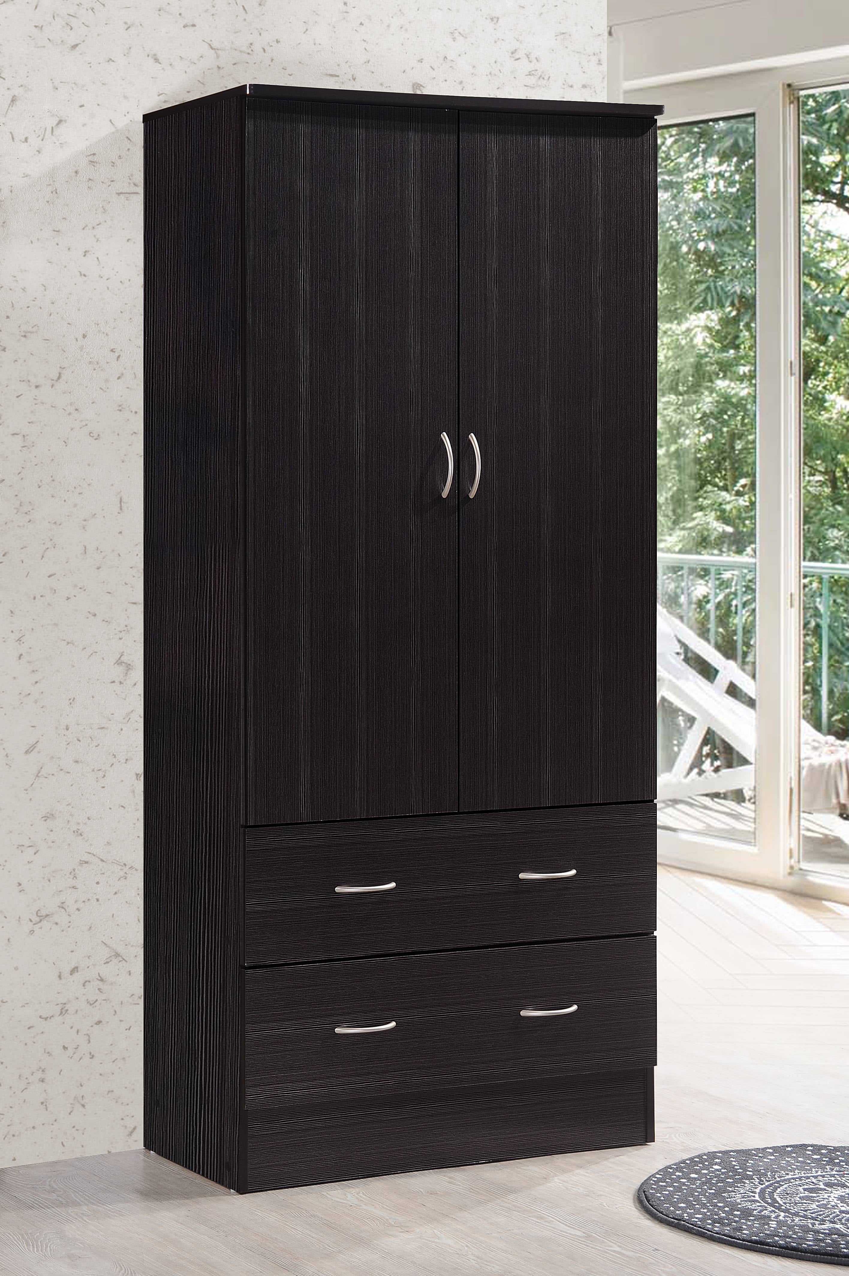 Hodedah 2-Door Armoire with 2-Drawers and Clothing Rod in Black