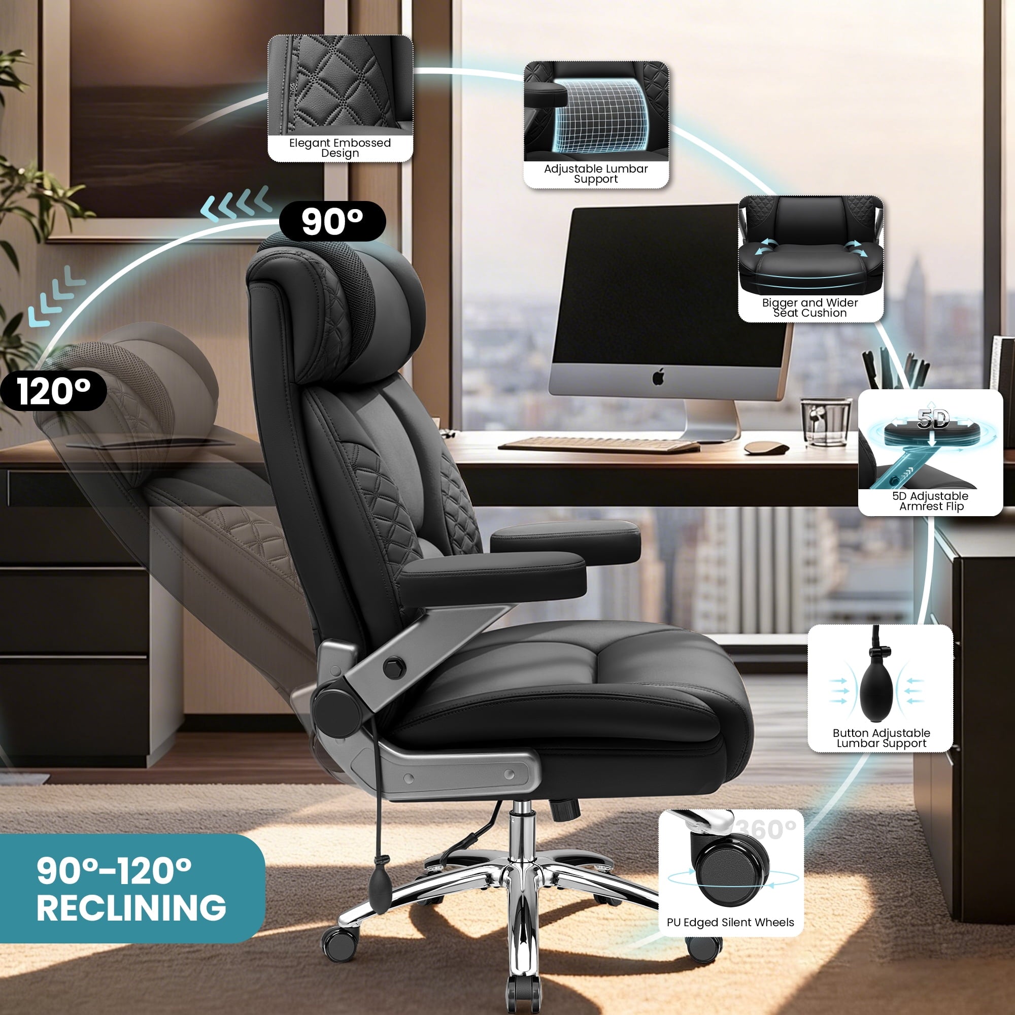 FASTES Leather Office Chair Big and Tall Desk Office Chair, 500lbs Computer Chair Ergonomic Extra Wide Gaming Chair with Adjustable Lumbar Support 5D Flip Arms, Black
