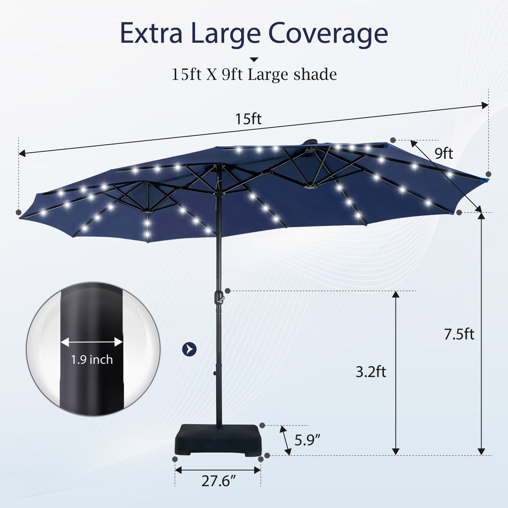 Alpha Joy 15ft Extra Large Outdoor Patio Double-Sided Umbrella with LED Solar Lights & Umbrella Base, Beige